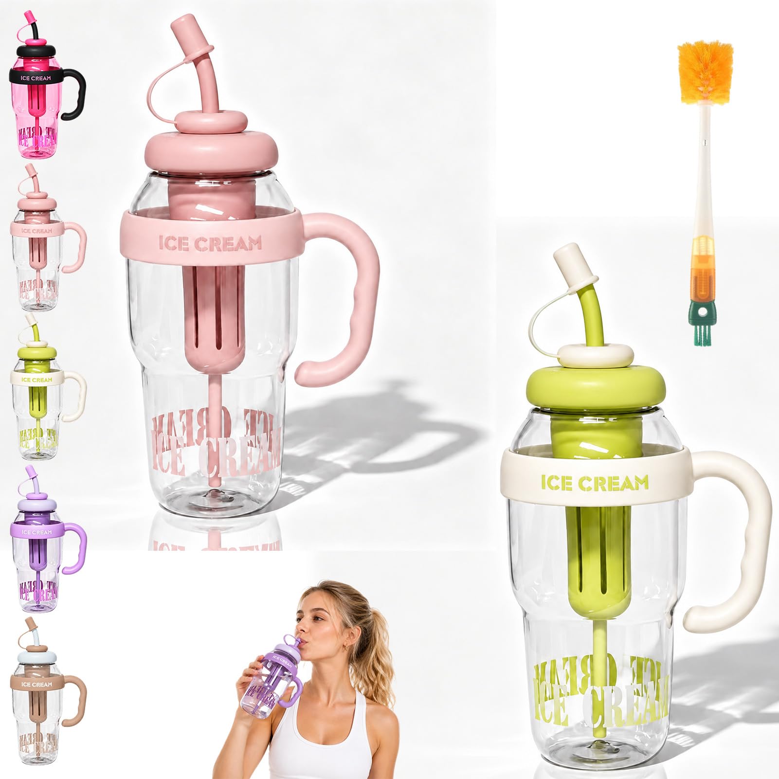 Stylish Large Capacity Sports Water Bottle with Straw, 1300ml Summer Handle Plastic Cute Large Capacity Ice Cup, Convenient Cup with Tea Infuser for Camping Hiking Summer Outdoor Sports (2pc-i)