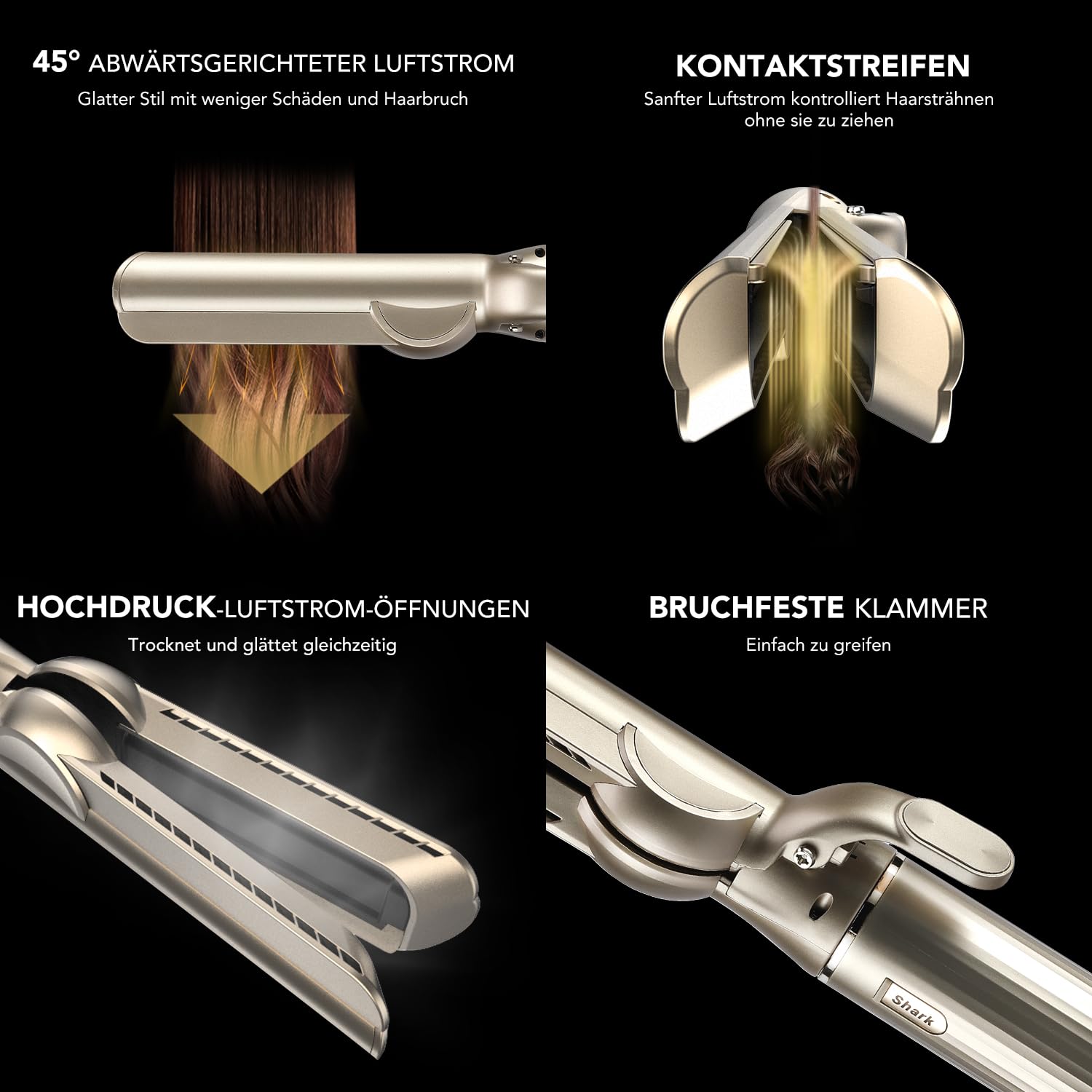 Glätteraufsätze für Shark FlexStyle Luftstyler, Airflow Technologie ohne Heizplatten, Gleichzeitiges Trocknen und Glätten mit Luftstrom, Reduziert Hitzeschäden, Champagner