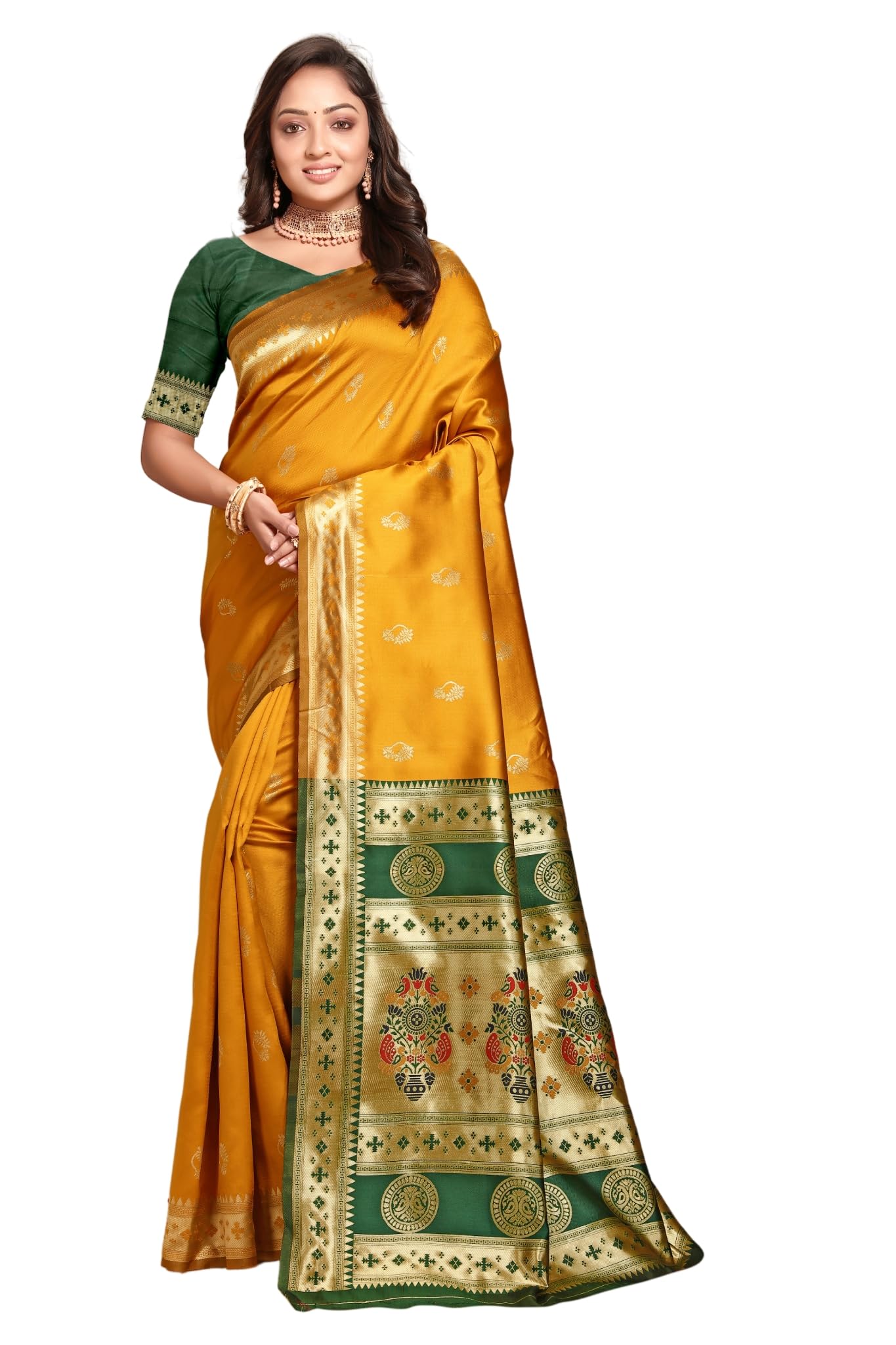Women's Pure Kanjivaram Silk Saree Soft Paithani Wedding Sarees With Blouse Piece (Nath paithani)-image-5