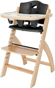Abiie Beyond Junior Wooden High Chair with Tray - Adjustable and Convertible High Chair for Babies and Toddlers - 6 Months to 250 Lb - Water Resistant - Natural Wood/Black Pearl Cushion