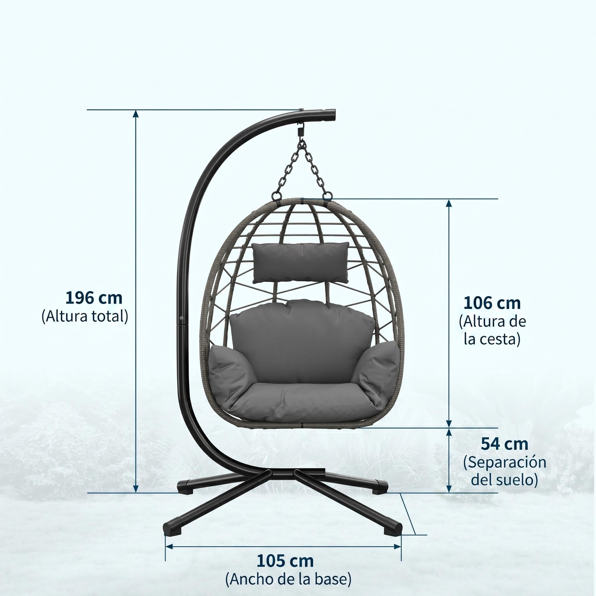Litake Silla Colgante para Exterior y Jardín - Estructura Completamente Metálica - Silla Huevo con Soporte, Soporta hasta 150 kg - con Cojines Cómodos, Ideal para Jardín, Balcón y Patio, Gris