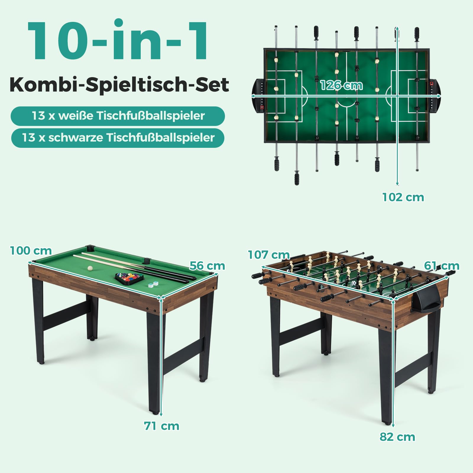 COSTWAY Wielofunkcyjny stół do gier 10 w 1, stół wielofunkcyjny z piłkarzykami, hokejem, bilardem, shuffleboardem, kręgielnią i grami planszowymi 4, stół kombi z drewna, do pokoju zabaw, piłkarzyków