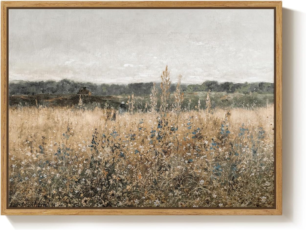 Framed Rustic Country Landscape Wall Art for Room Wall Decor, Vintage Neutral Field Meadow Artwork for Walls, Farmhouse Nature Canvas Painting Picture for Living Room Bedroom Bathroom Kitchen 12x16 In