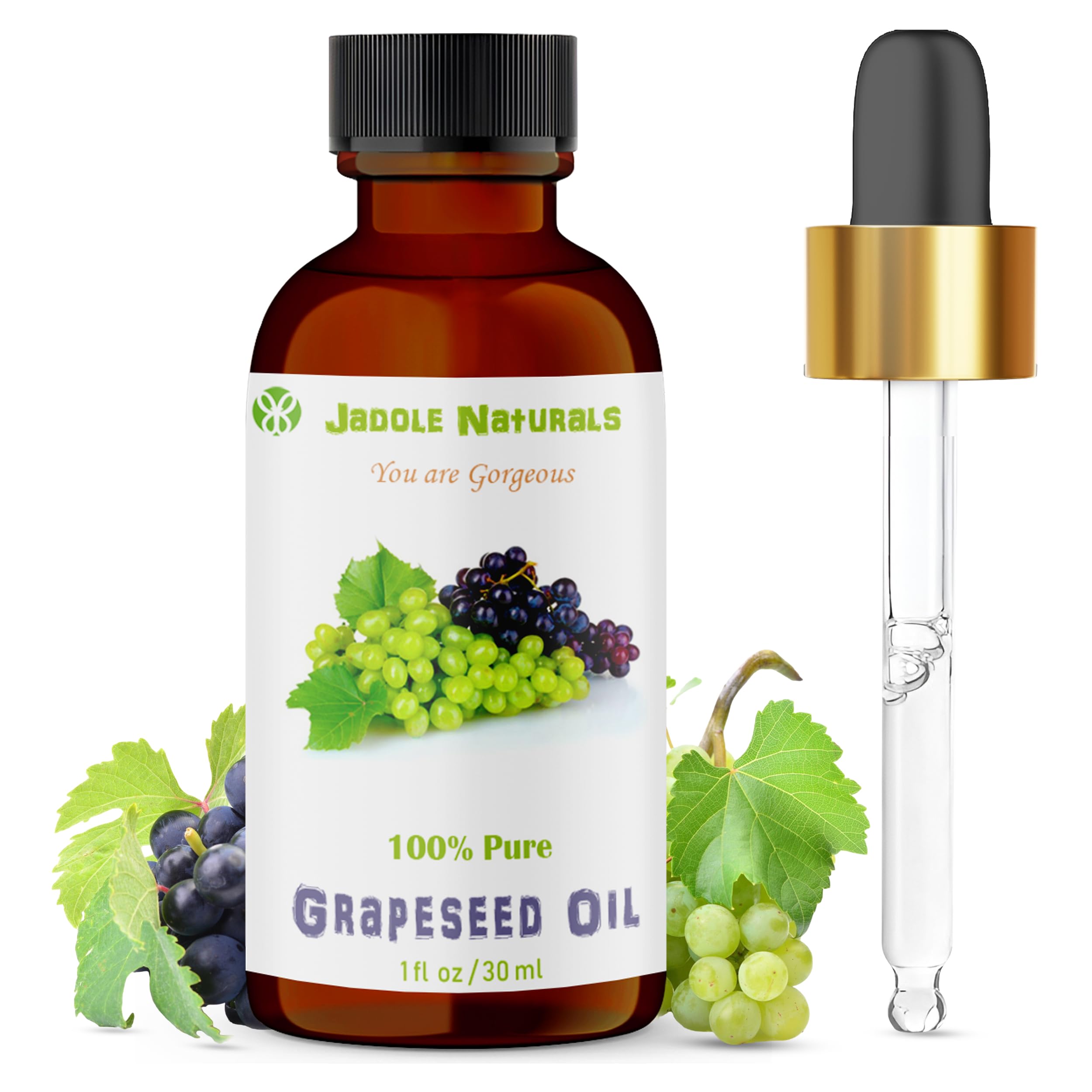 Jadole Naturals 100% Pure Grapeseed Oil - 30ml | Cold Pressed Natural Carrier Oil for Skin, Body, Face Massage & Hair Growth | Ideal for Moisturizers, Creams, Lotions, Lip Balms & Soap Making