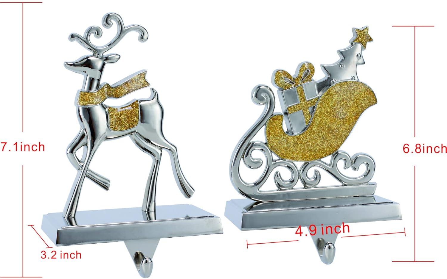Set of 4 Deer Christmas Stocking Hangers for Mantel Xmas Stocking Hooks for Fireplace Mantle,Metal Free Standing Indoor Sleigh Stocking Holder for Christmas Decorations (Reindeer and Sleigh Set)