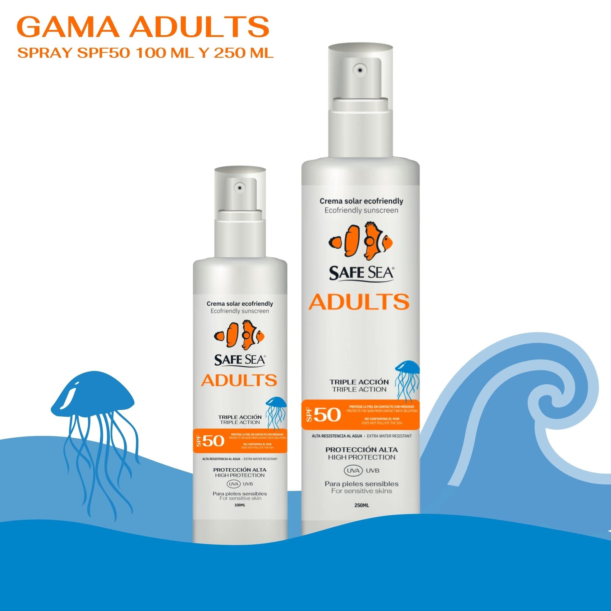 SAFE SEA - Solar Medusas Crema Solar 50 SPF Adultos 250ml | Protector Solar 50 Eco-Friendly | Spray Solar 50 | Proteccion Solar 50 SPF | Antimedusas