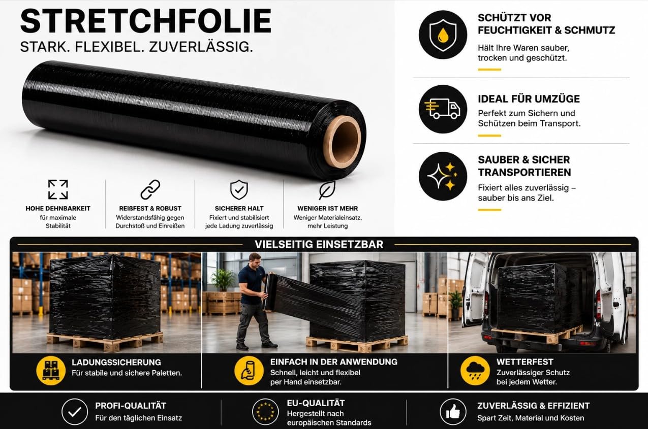 Film elástico negro – 8 rollos de película envolvente de 1,5 kg 500 mm 23