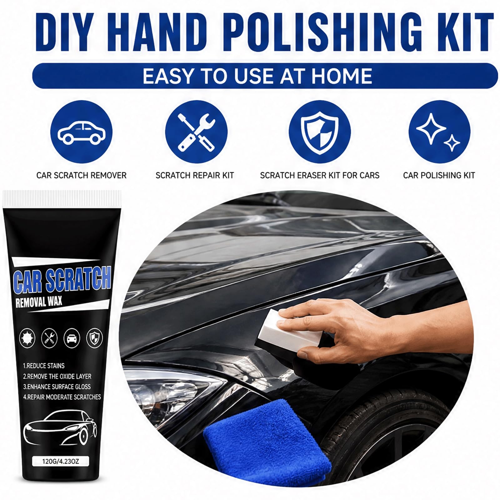 Car Scratch Repair Paste Wax Kit - Universal Car Paint Scratch Repair Polish & Surface Restoration Paste, Quick Restore Shine & Color, DIY Hand Polishing mit Schwamm & Handtuch, (3 STÜCKE)