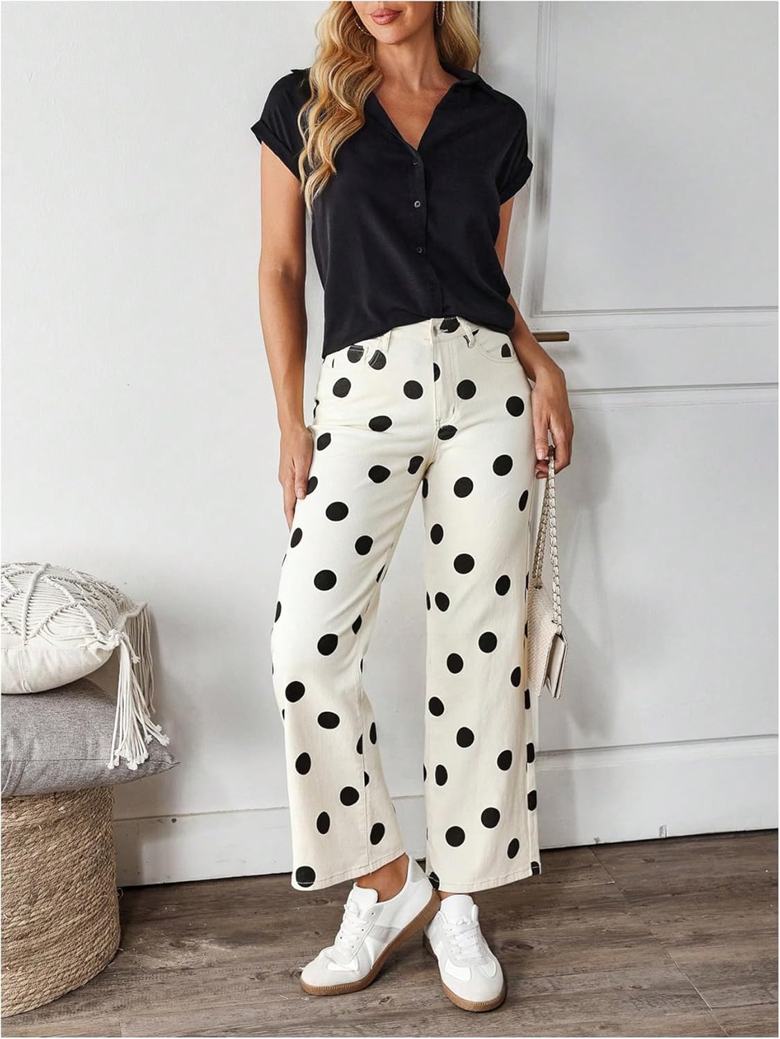 WDIRARA Women's Polka Dots Jeans Vintage Stretchy Straight Leg Denim Pants - Image 6