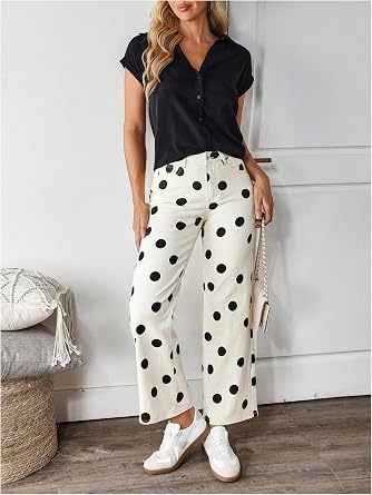 WDIRARA Women's Polka Dots Jeans Vintage Stretchy Straight Leg Denim Pants