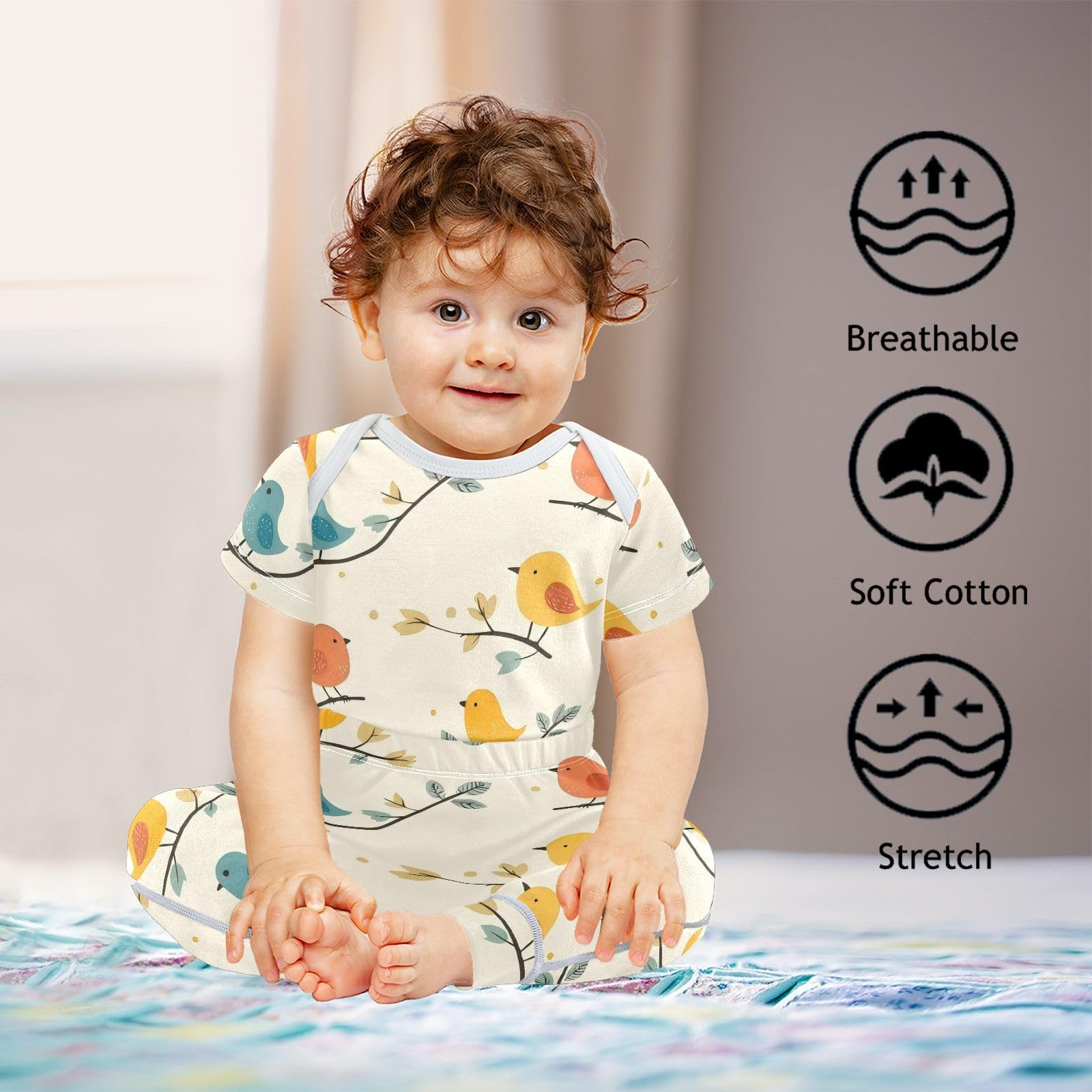 vvfelixl Cartoon Cute Bird Baby Layette Sets,Baby Bodysuits Set Unisex Short Sleeve Babys Pants Sets 9-12M