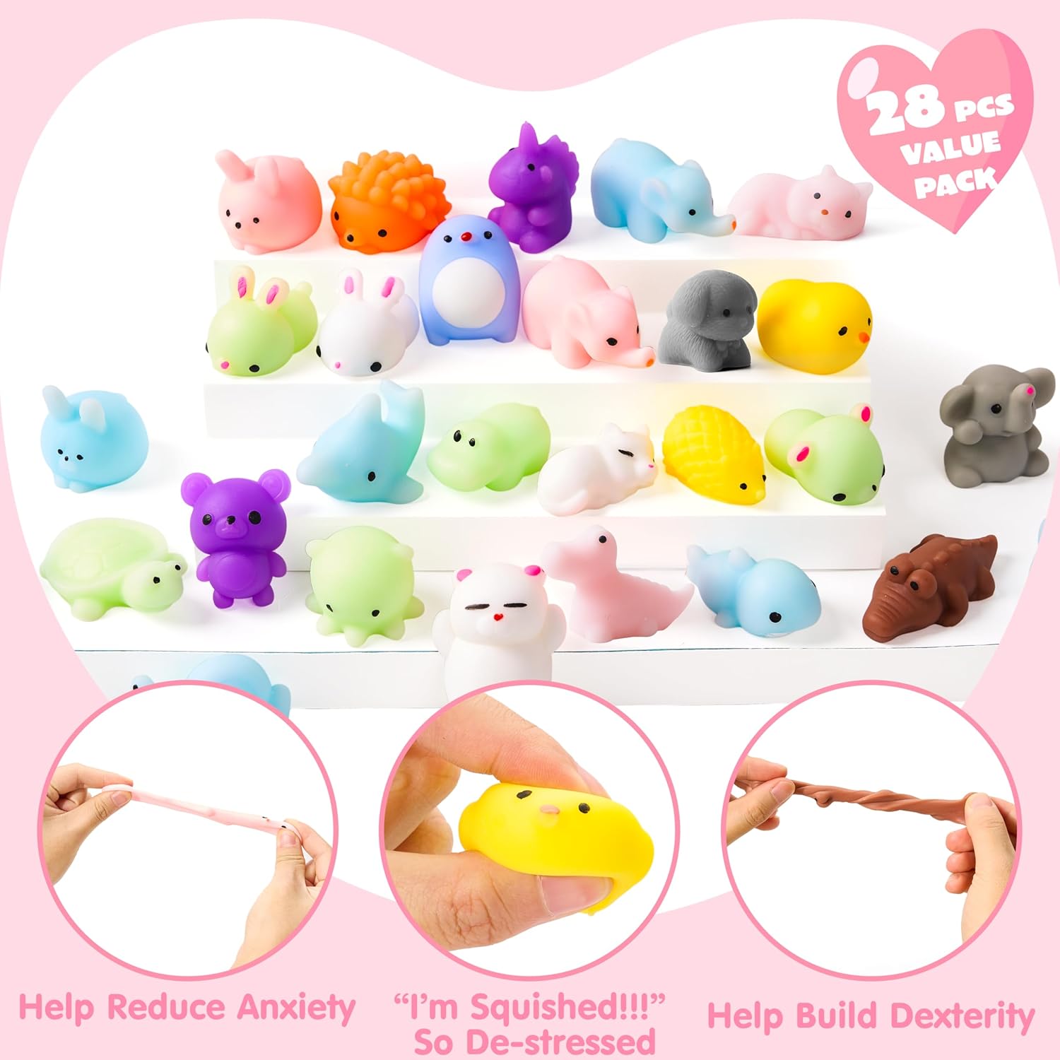 JOYIN 28 Packs Valentines Day Gifts for Kids, Kawaii Mochi Squishy Toy with Funny Valentines Day Cards for Kids School Classroom Exchange Prizes, Stress Relief Fidget Toy for Valentine Party Favor