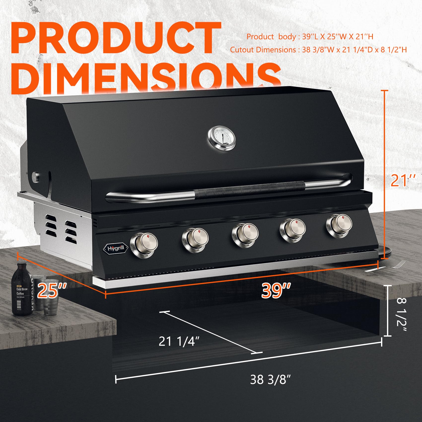 Hygrill - Parrilla integrada de 40 pulgadas para propano líquido, de acero inoxidable, para cocina al aire libre, 5 quemadores, color negro 2