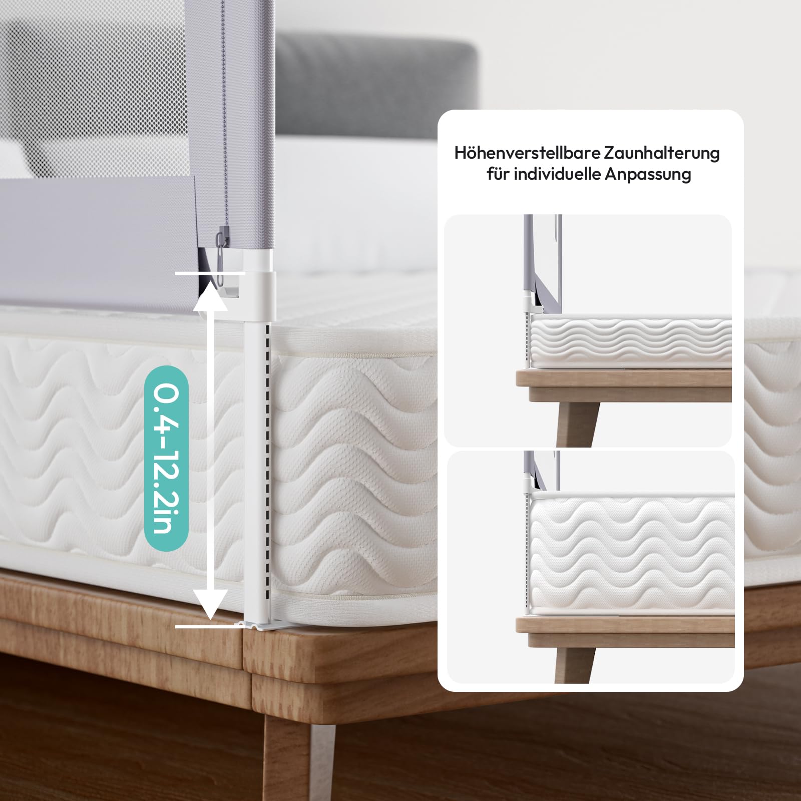 Bettgitter Rausfallschutz Bett 180cm - Rausfallschutz Boxspringbett Höhenverstellbar in 30 Stufen - Bettschutzgitter inkl 2 gratis Befestigungsbänder(1 Stück)
