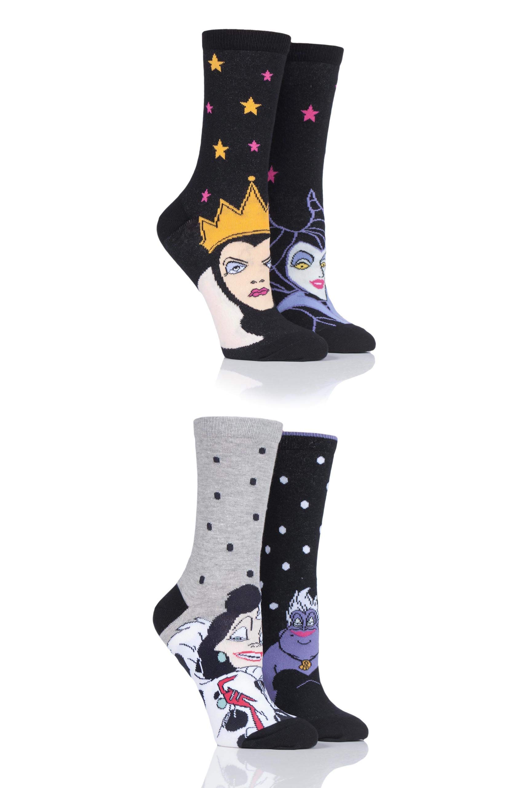 SockShop Ladies Disney Villains Ursula, Evil Queen, Maleficent and Cruella De Vil Socks Pack of 4 Assorted 4-8