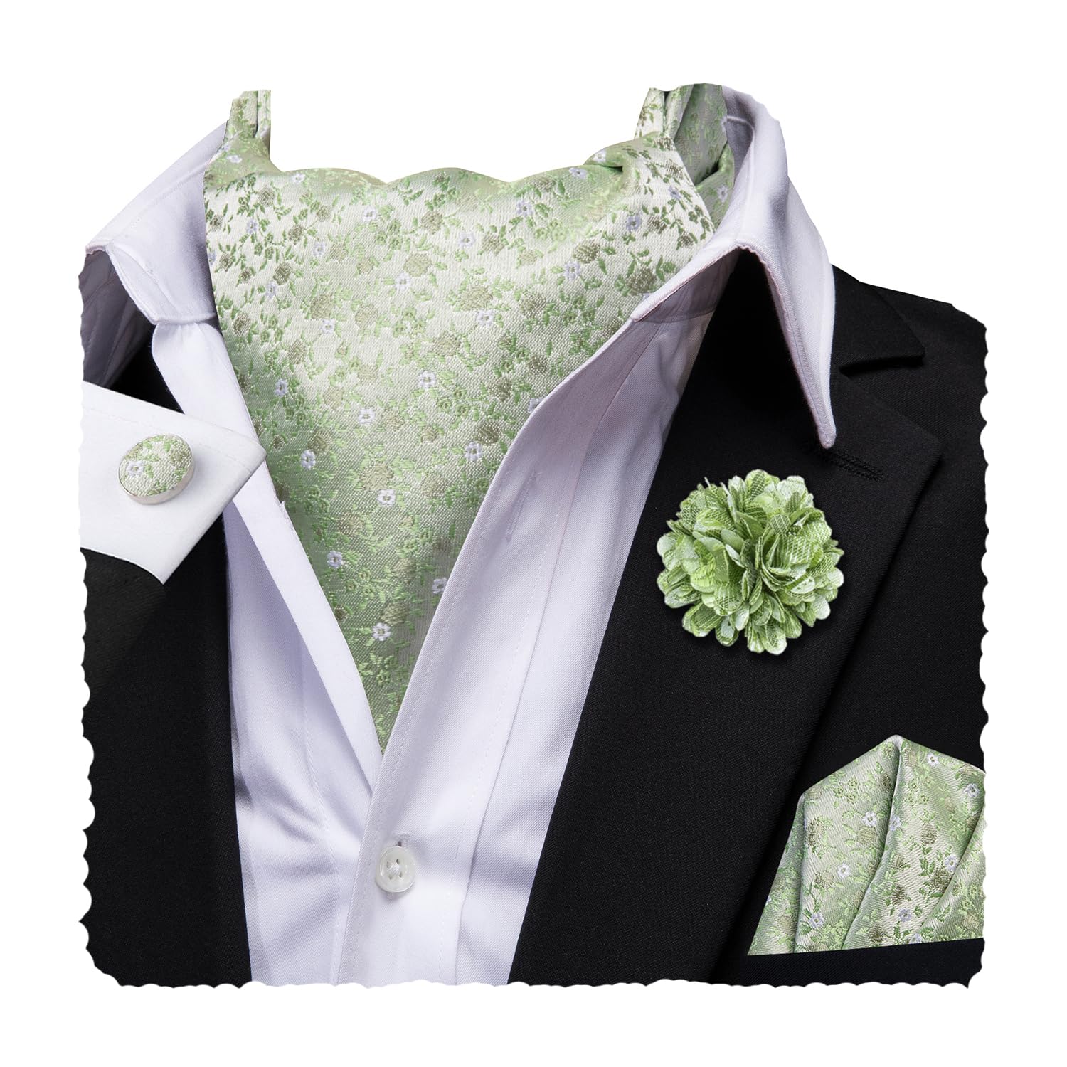 Hi-Tie Silk Ascot for Men Self Tie Men's Cravat and Flower Lapel Pin Handkerchief Cufflinks Set for Wedding Party
