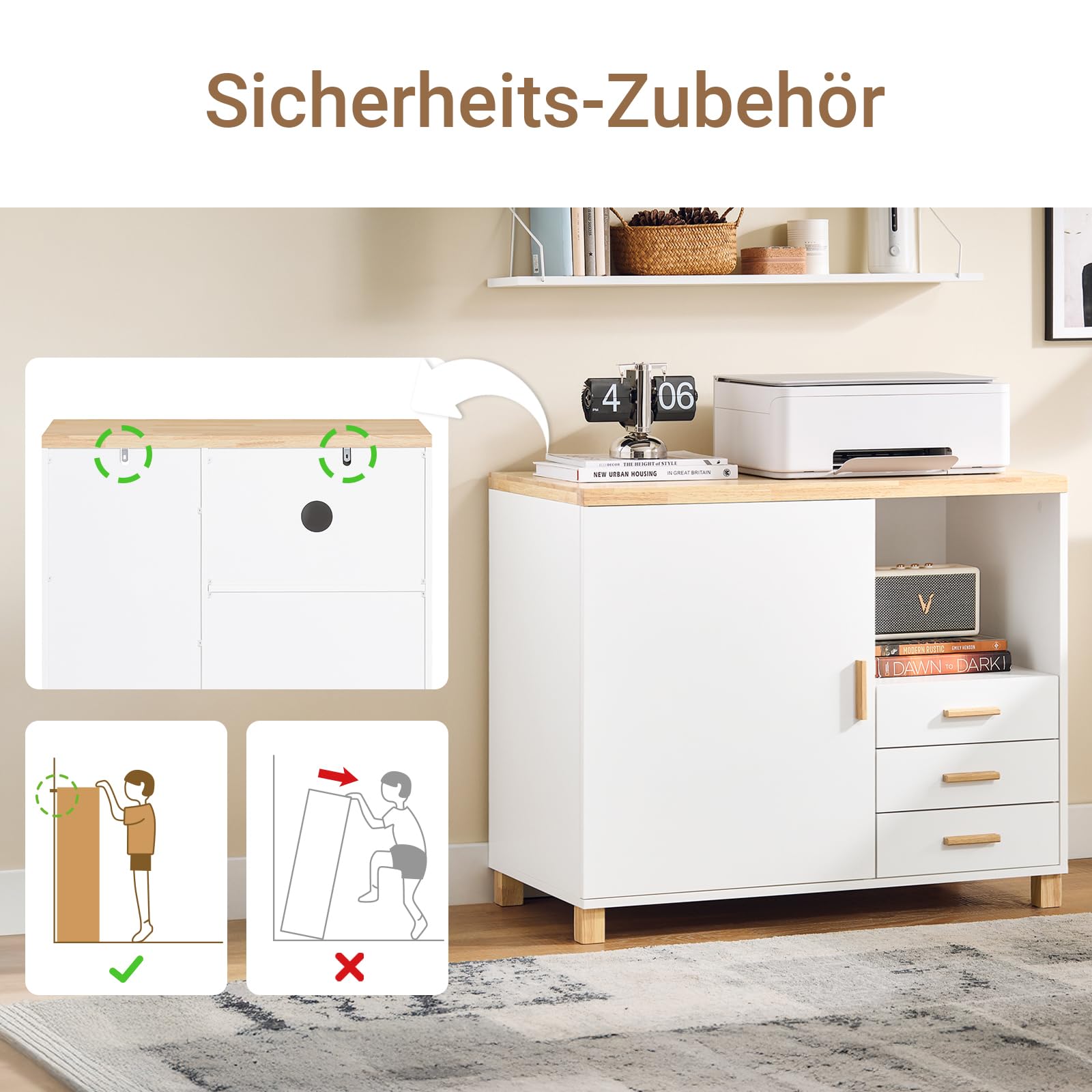 SoBuy Druckertisch Schreibtisch Unterschrank mit 3 Schubladen und 1 offenem Fach Büro Schubladenschrank Aktenschrank Druckerschrank Platzsparender Büroschrank Weiß-Natur 90x75x45cm ASK07-WN