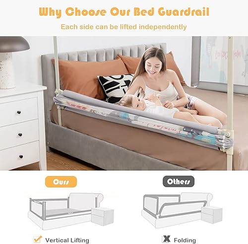 Miniatura 7 de HONEY JOY Barandilla de cama para niños pequeños, 69 pulgadas extra larga, barandilla de seguridad portátil con doble bloqueo de seguridad para