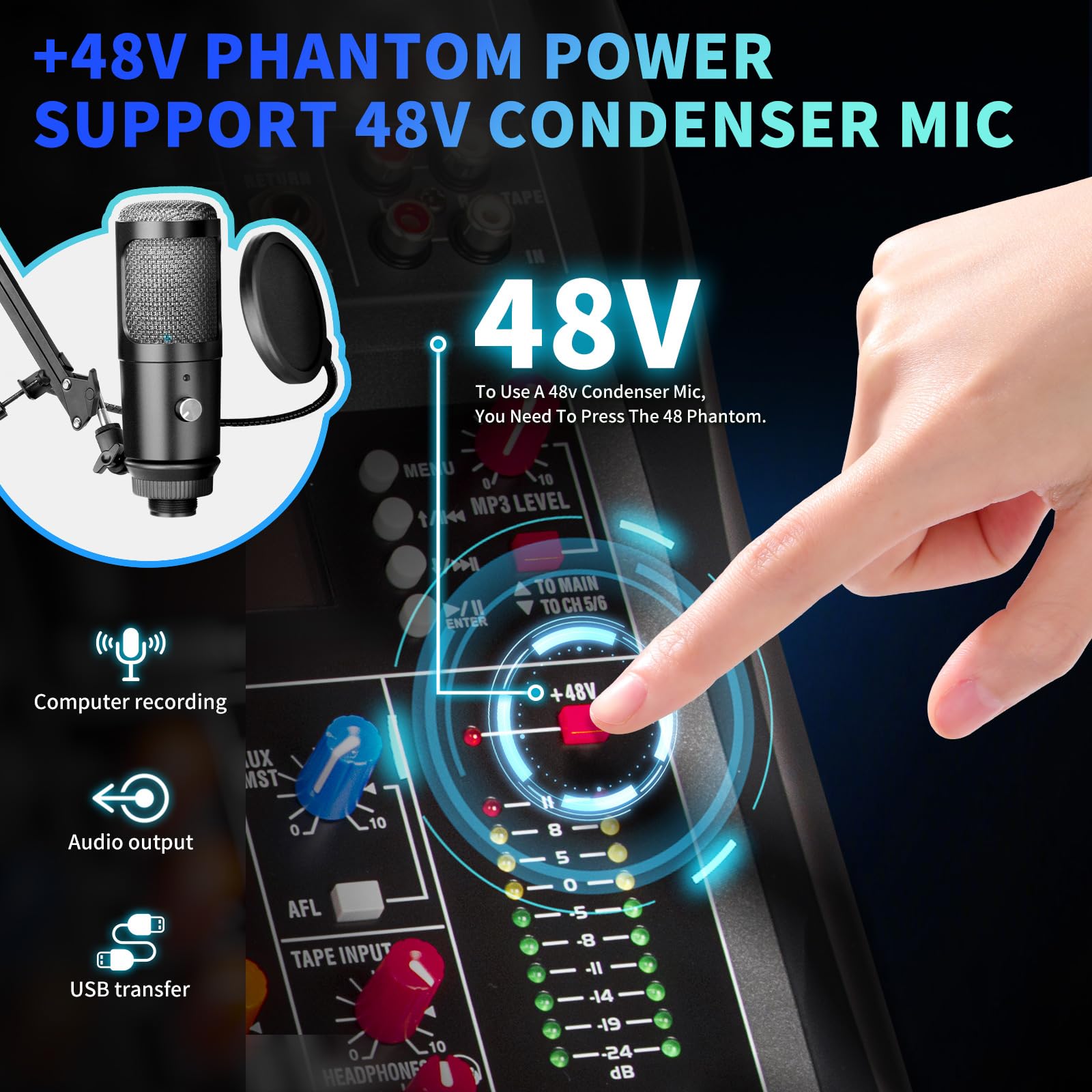 Depusheng DX8 Professional Mixer Sound Board Console 8 Channel Desk System Interface Digital USB MP3 Input 48V Phantom Power Stereo DJ Studio FX Steel Chassis,Black Bluetooth USB Audio Mixer for PC