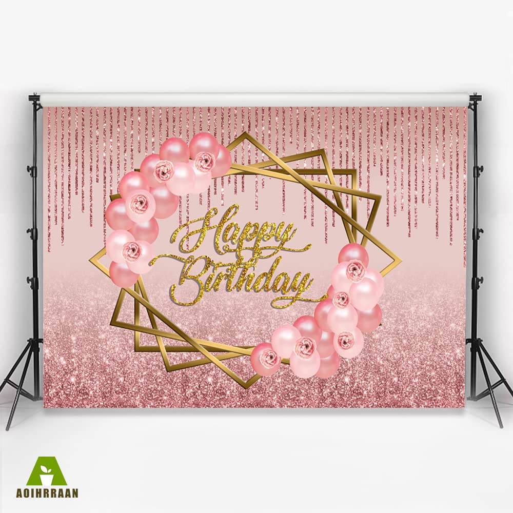 Aoihrraan 3,5x2,5m Rose Gold Geburtstag Hintergrund Funkeln Rosa Golden Punkte Luftballons Fotografie Süss Prinzessin Mädchen Geburtstag Party Kuchen Smash Kinder Porträt Fotostudio Requisiten