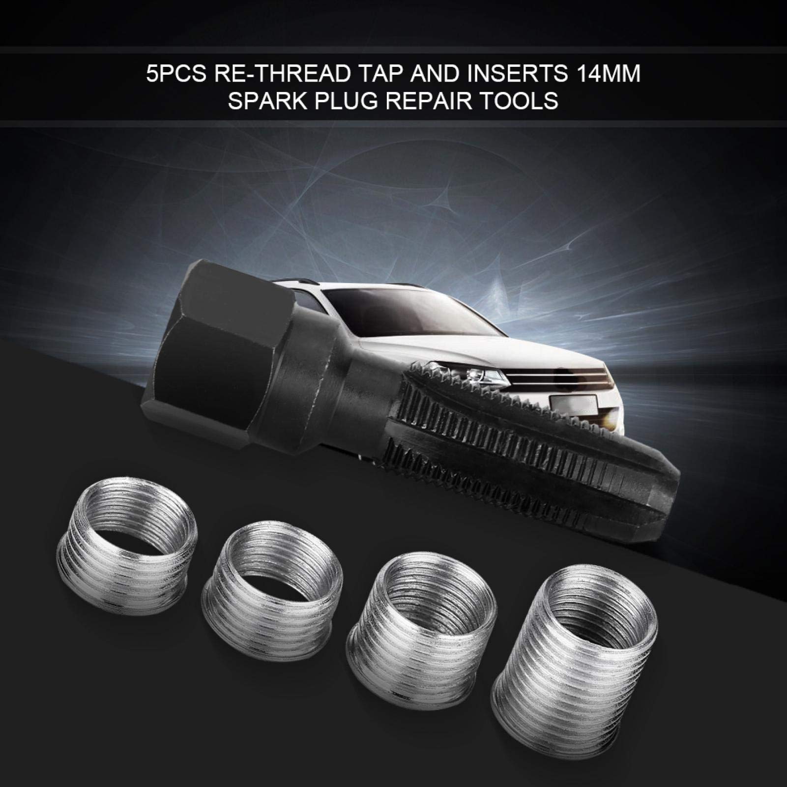 Ymiko 5Pcs Carbon Steel for Spark Plug Re-thread Tap Tools for Spark Plug Rethreading Tap Thread Repair Set Kit with Inserts for 14mm for Sparking Plugs Repair - Image 3