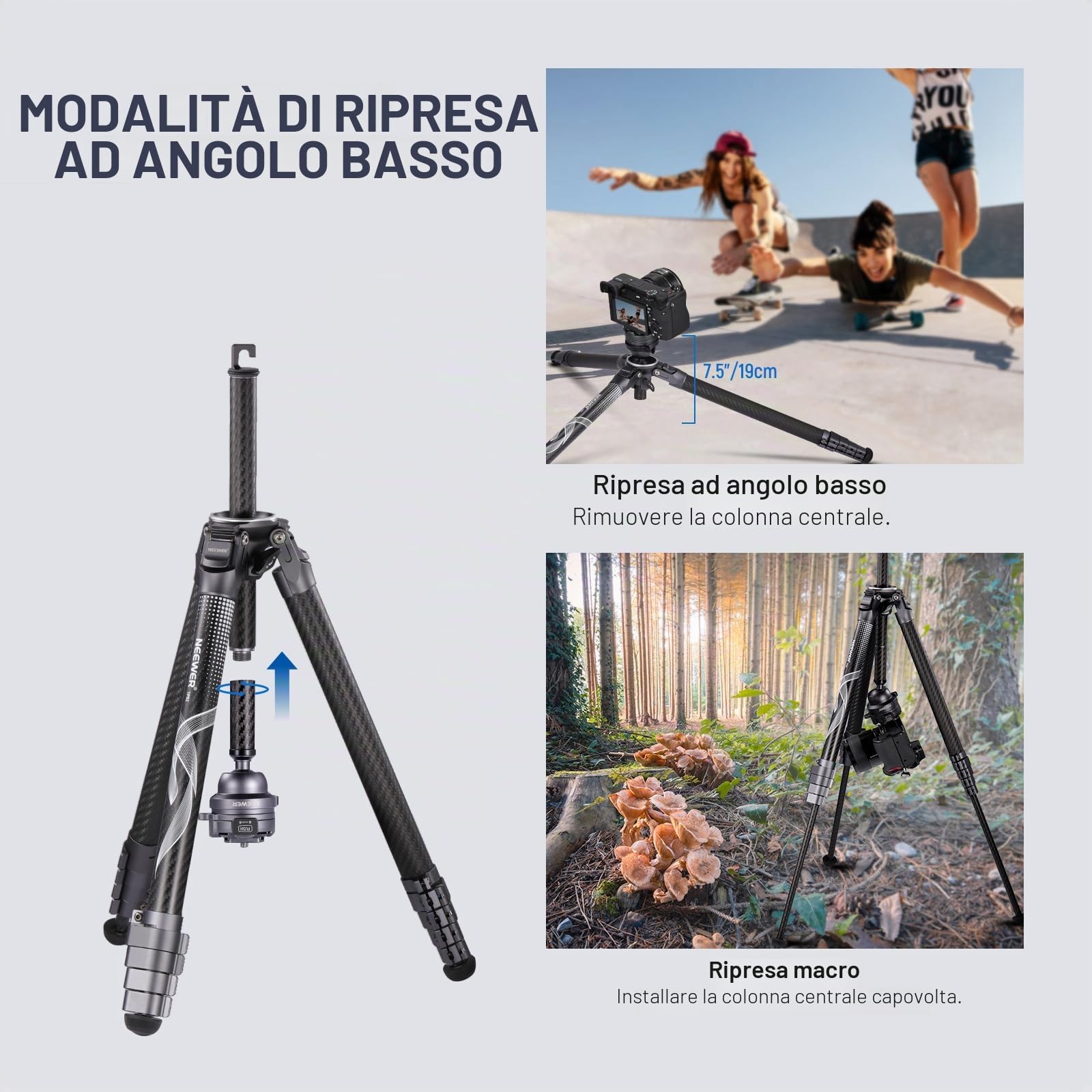 NEEWER Treppiede da Viaggio 62" Fibra di Carbonio con Livellamento ±15°Testa Pan 360°, Colonna Centrale Staccabile, Rilascio Rapido Arca Compatibile con Peak Design Piastra Treppiede Capture V3,TP62