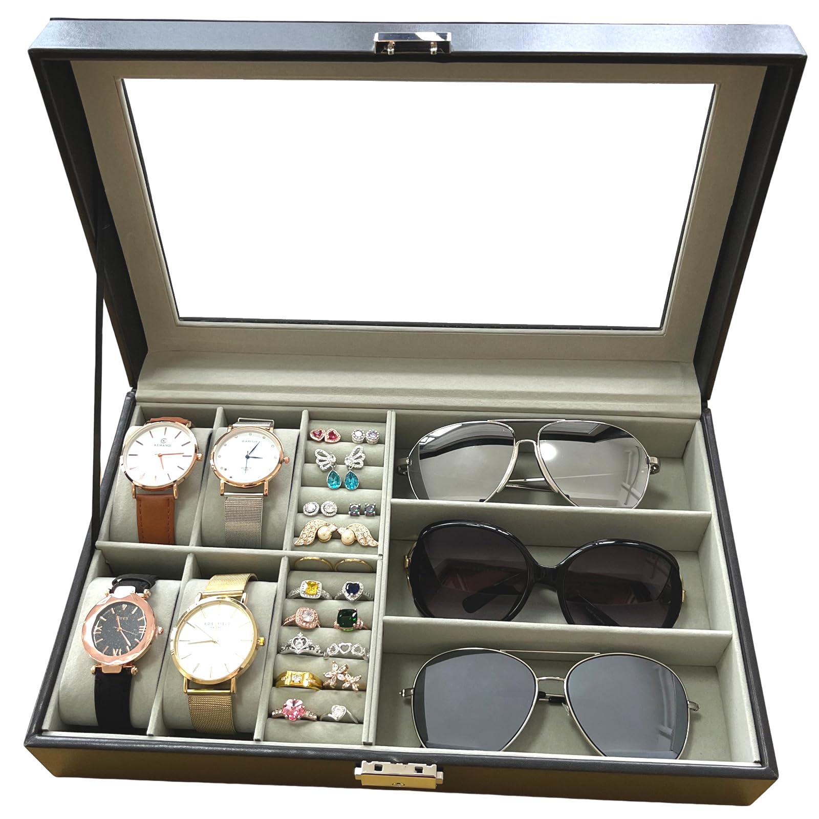 VOVEWAN Men Women Watch Box Watch Case Jewelry Organizer Holder Jewelry Display Box Case Glass Top Sunglasses Storage Organizer Lockable PU Leather