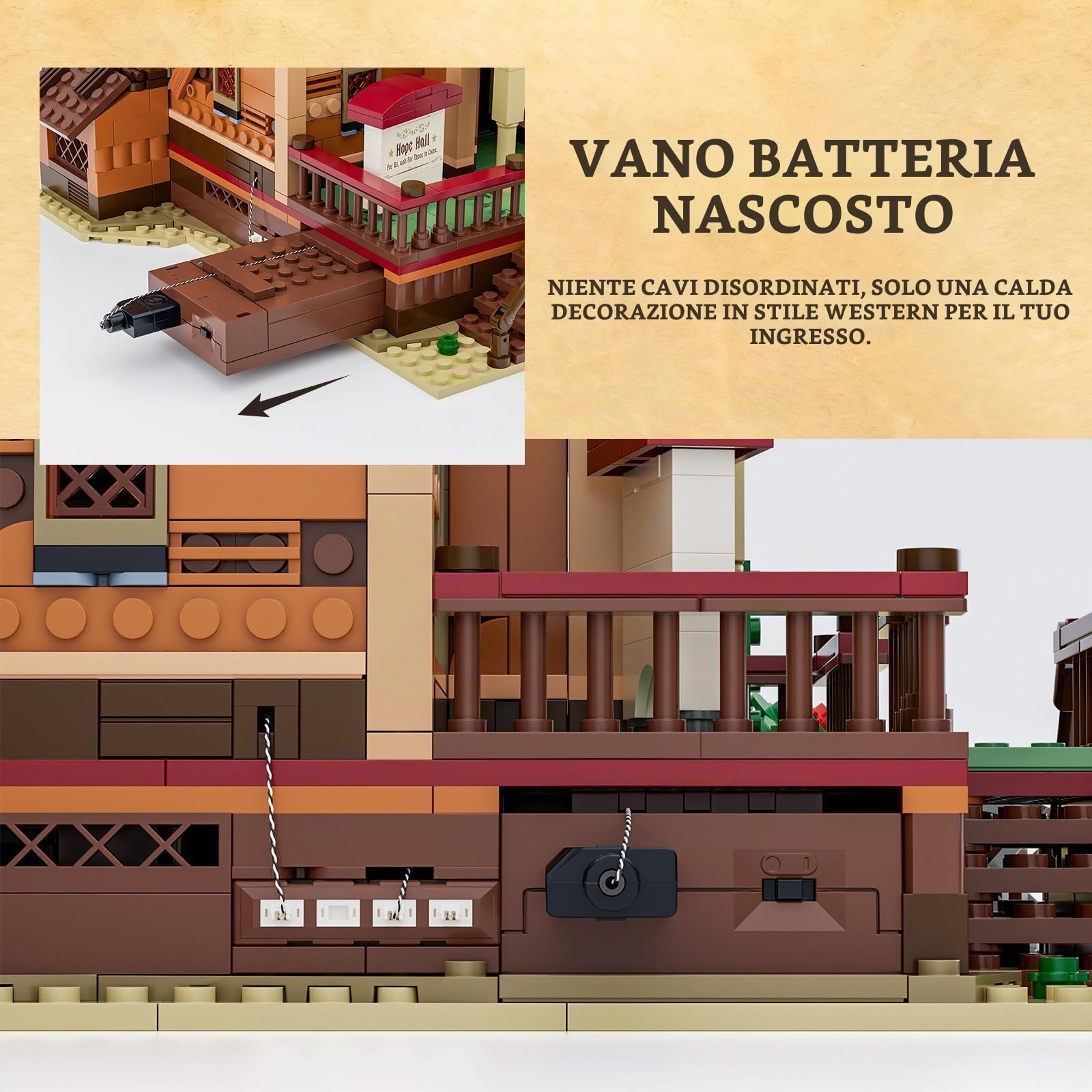 Lumibricks Western Meeting Hall - Set di mattoncini illuminati, 1800 pezzi, Wildwest, casa comune con luce LED, edificio modulare con interno estraibile, regalo per adulti