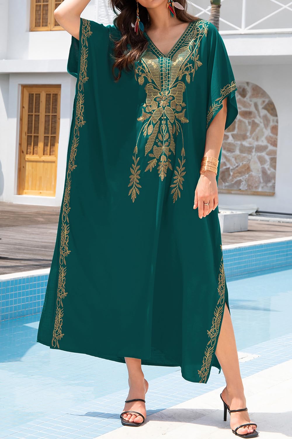 LikeJump Damskie stroje kąpielowe z haftem kwiatowym w stylu boho, kaftan, okrycie bikini, letnia sukienka plażowa