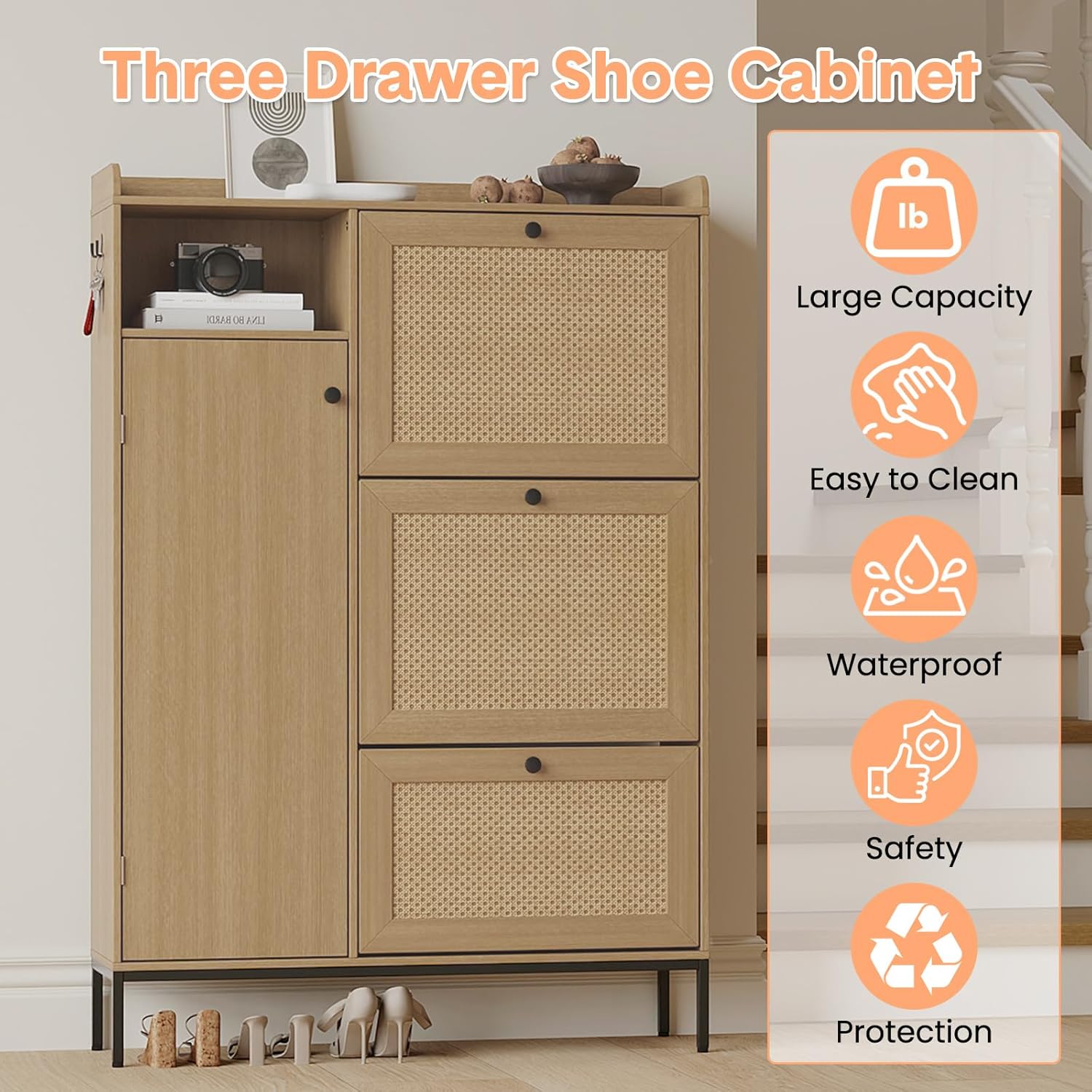 Rattan Shoe Cabinet, 3-Tier Flip Drawer Shoe Storage Cabinet with Adjustable Shelves, Narrow Entryway Shoe Organizer for Bedroom, Wood Shoe Cabinet with Metal Legs Hooks & Top Fence, Natural Wood