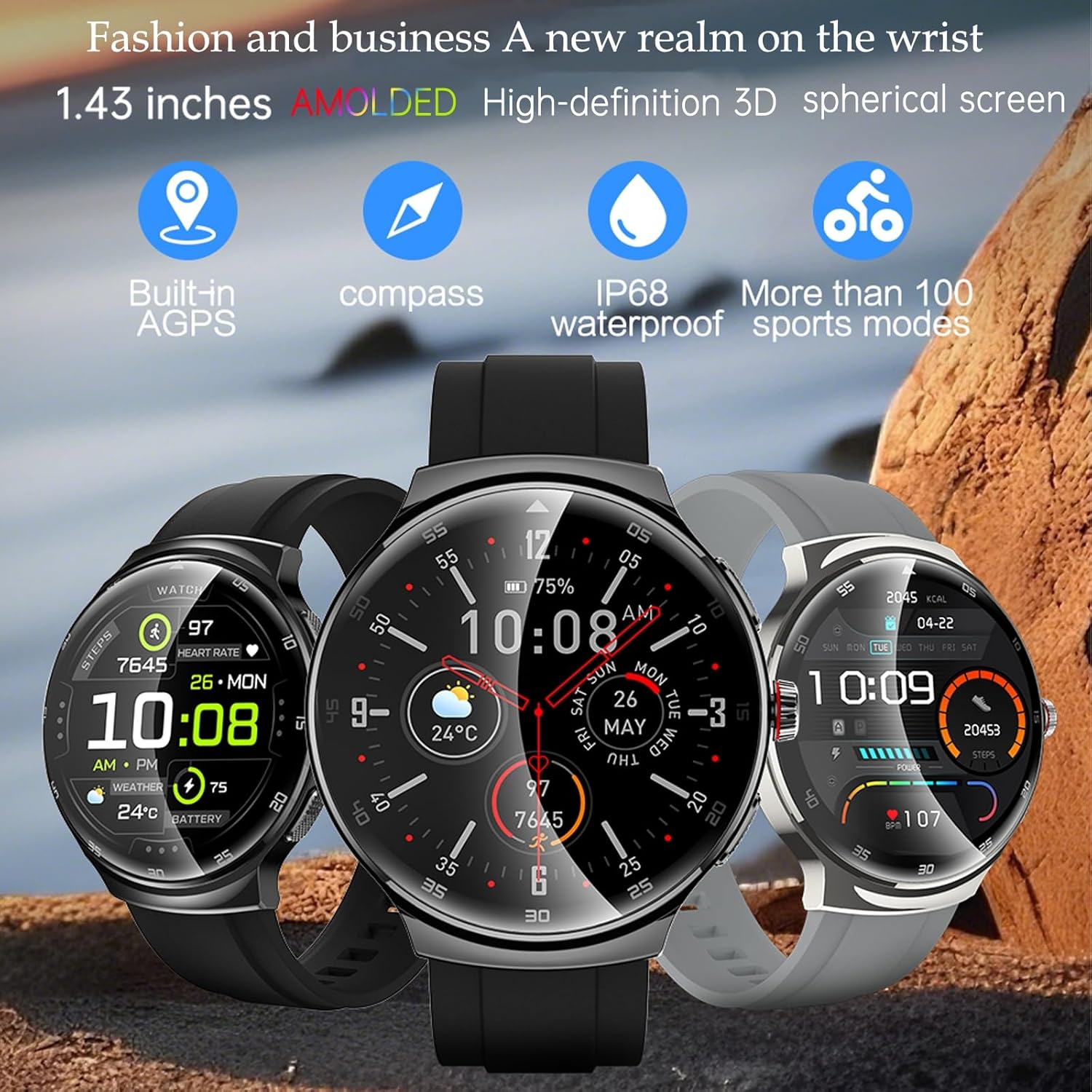 ساعة ذكية رجالية بشاشة AMOLED 1.43 إنش، مكالمات بل...