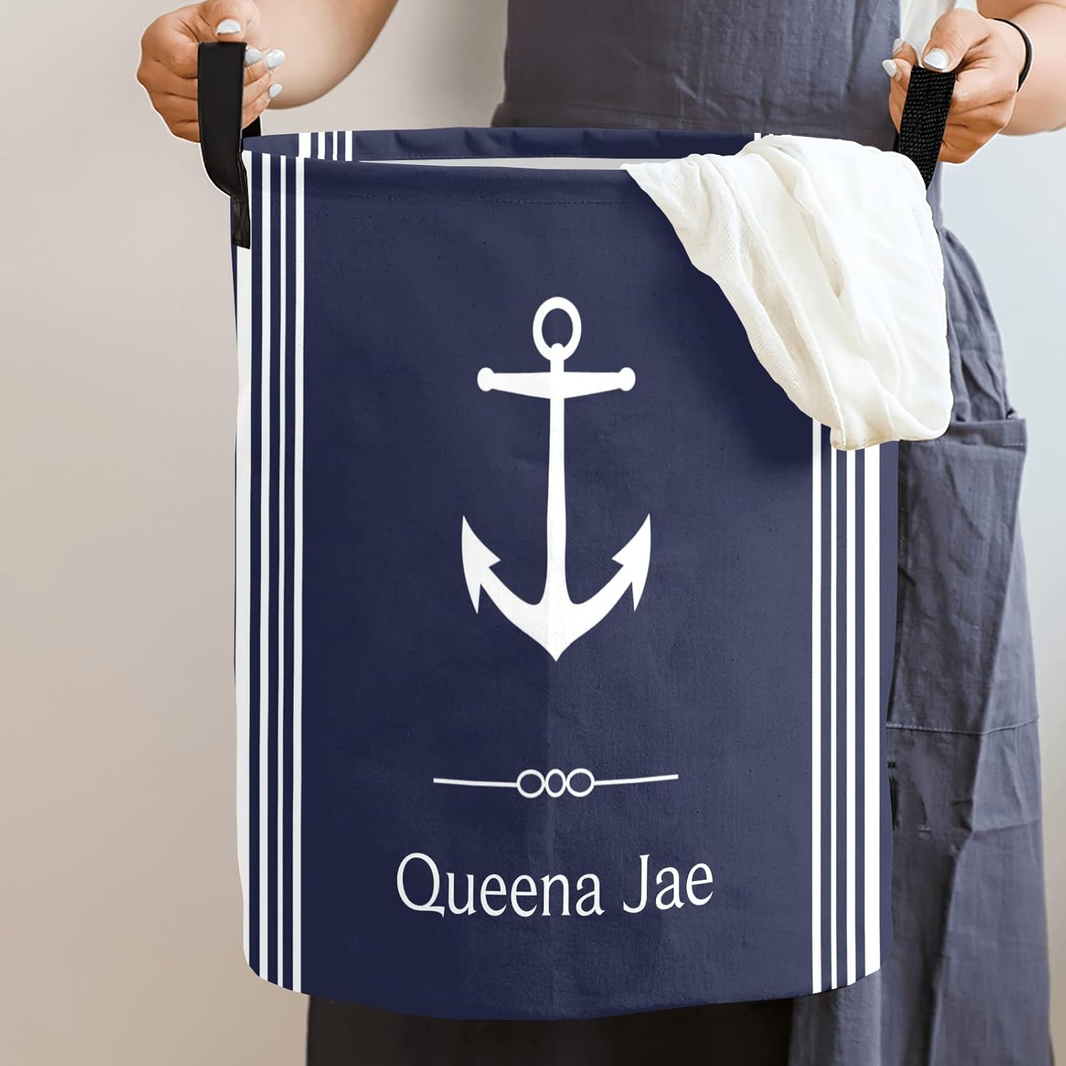Navy Blue Nautical Anchor Storage Bin, Waterproof Oxford Fabric Clothes Basket Organizer for Laundry Hamper,Toy Bins,Gift Baskets, Bedroom, Clothes,Baby Nursery