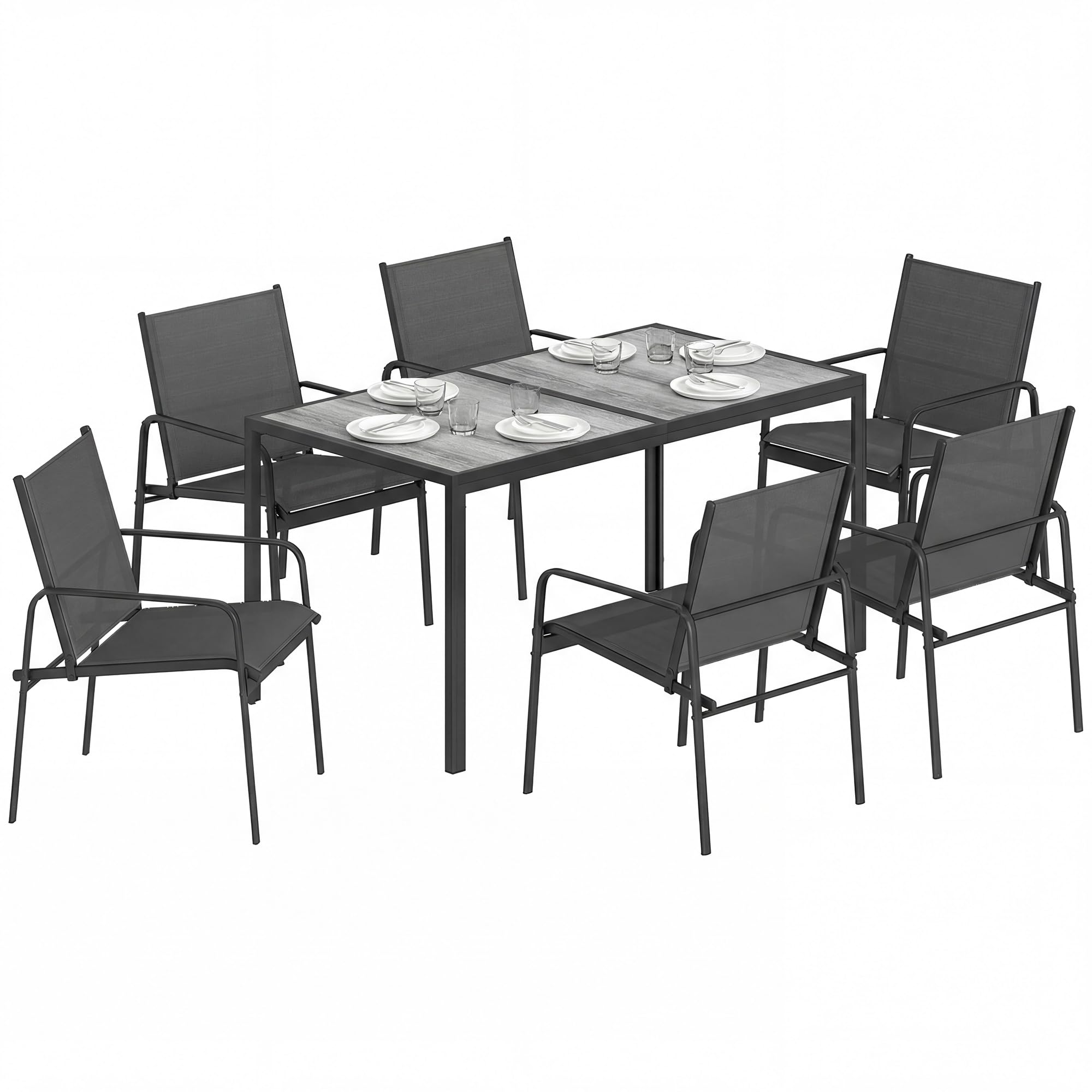 Outsunny Set Tavolo e Sedie da Giardino 7 Pezzi, Tavolo Effetto Legno, 6 Sedie in Texteline Traspirante, Acciaio Zincato, Nero