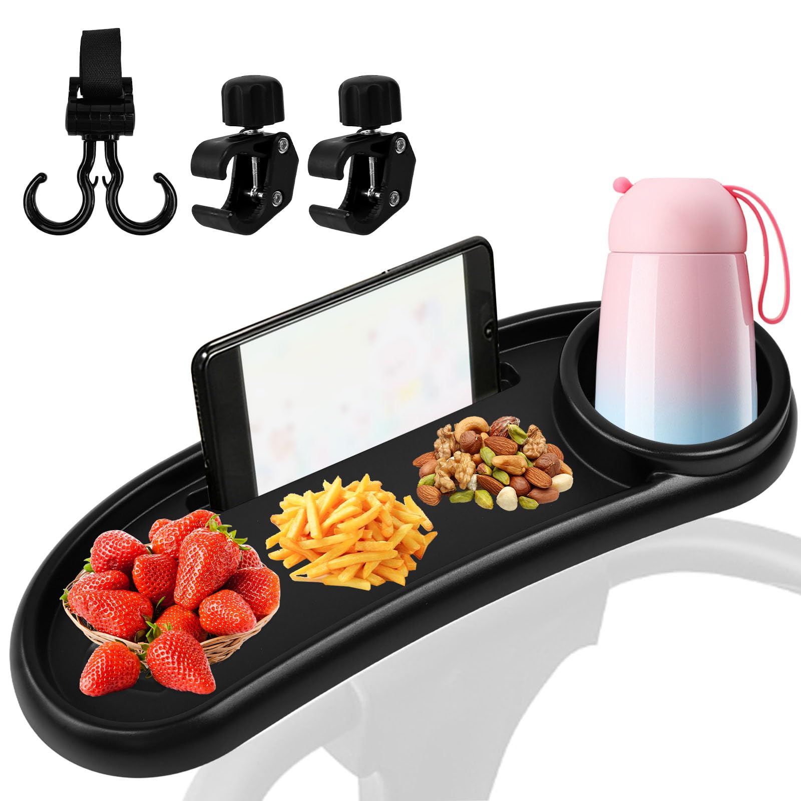 Bandeja para Cochecito de Bebe, 3 en 1 Bandeja para Carrito Bebe para Aperitivos, Organizador de Cochecito con 2 Ganchos, Giratorio 360° Soporte para Cochecitos Bebe, Portabebidas para Carrito