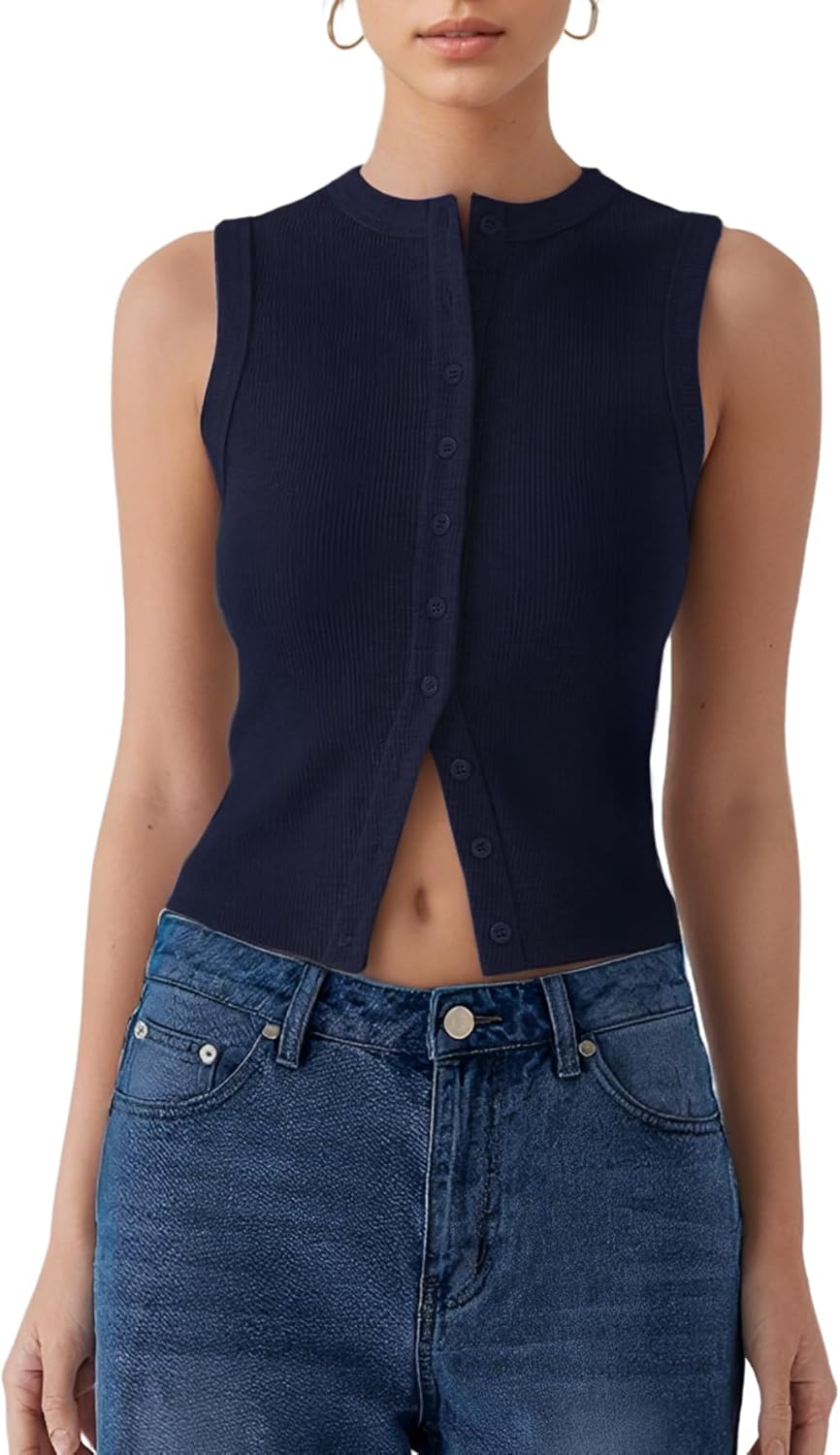 Women’s Button Down Tank Tops Sleeveless Ribbed Crop Summer Button Up Crewneck Vest Shirt Going Out Slim Fit Tops