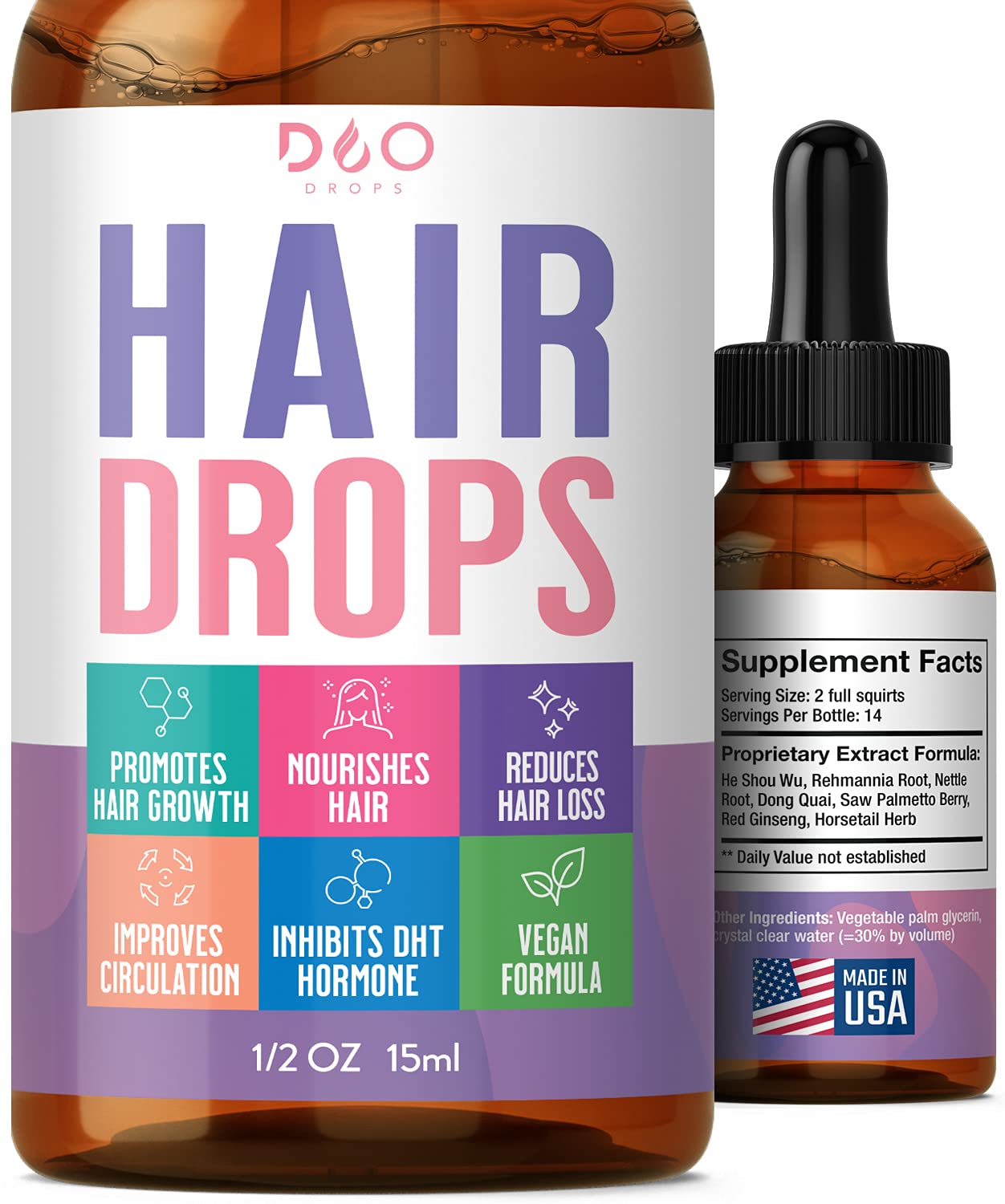 Hair Drops - Hair Growth Liquid Formula for Thick Hair - Support for Hair Loss & Thinning Hair, Improve Shine - Potent Hair Growth and Strengthening Supplement for Women and Men