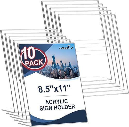 Laerjin Acrylic Sign Holder 8.5 x 11 - 10 Pack Clear Slanted L-Shaped Display Stand, Flyer & Menu Frame, Side Loading Paper Signage Holder - Office,