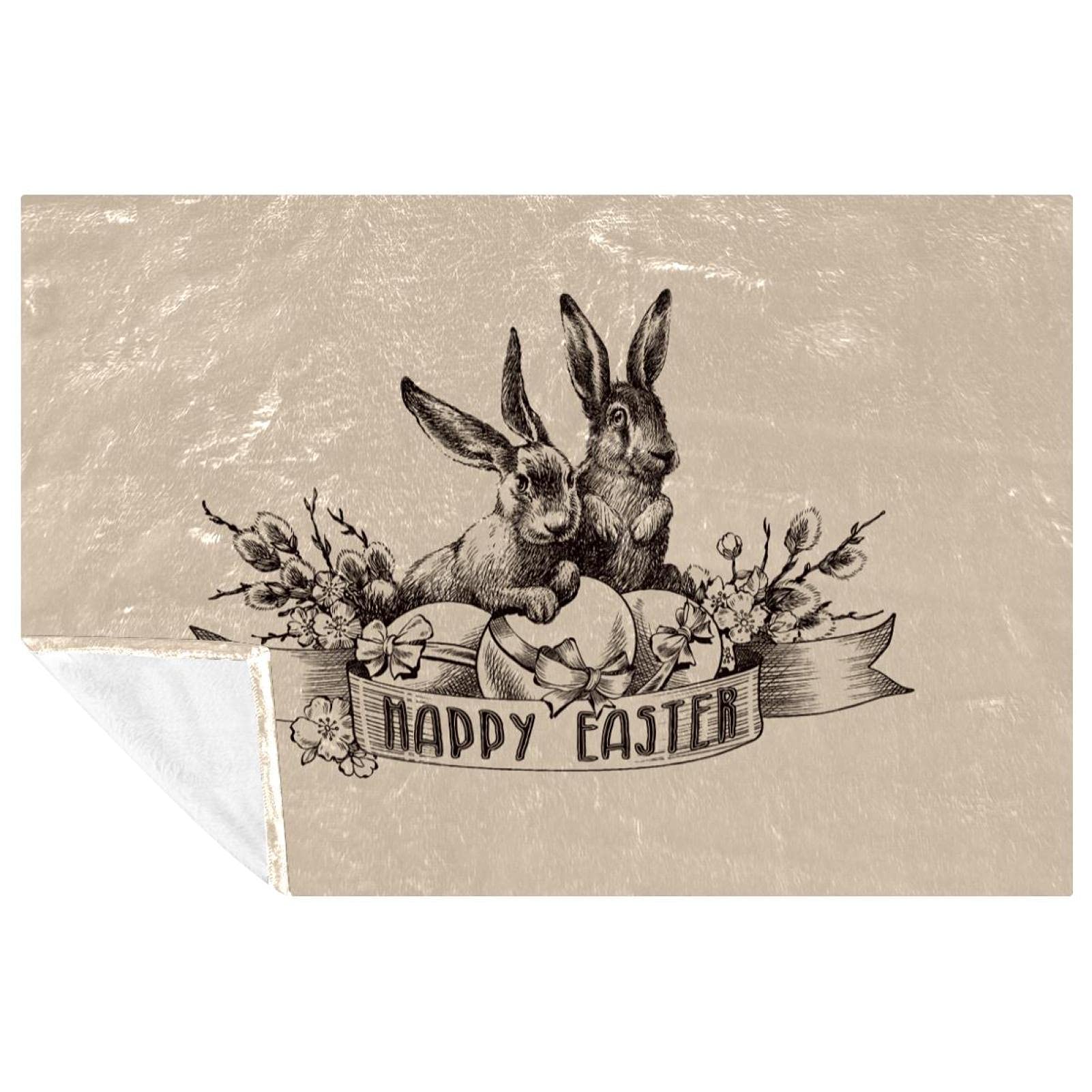 Couverture vintage lapins de Pâques haut de gamme, tissage doux et finitions soignées