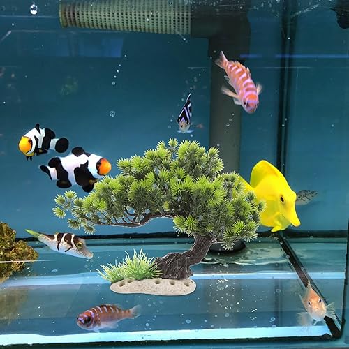 Miniatura 9 de Housoutil Decoración de plantas artificiales de plástico para acuario, planta de árbol bonsái, decoración de peceras, plantas de acuario