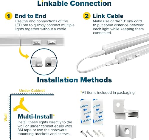 Miniatura 5 de Sunperian Kit de luz LED para debajo del gabinete, 2 tiras de luz LED enchufables de 12 pulgadas, 10 W, 1000 lúmenes, enlazable, 3 opciones de color