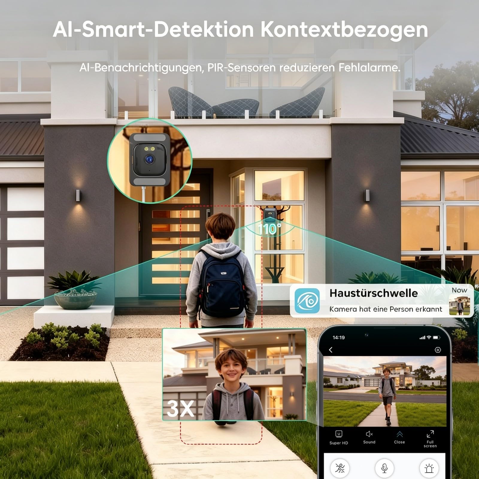 ANYQOO Fensterkamera Innen, 3MP 2K 2,4G & 5GHz Dualband WiFi, 2er-Pack | KI-Farbnachtsicht, 108° Weitwinkel, 3-fach Zoom, 24/7 Aufnahme, Anti-Reflex, ohne Bohren, Personen-/Fahrzeugerkennung
