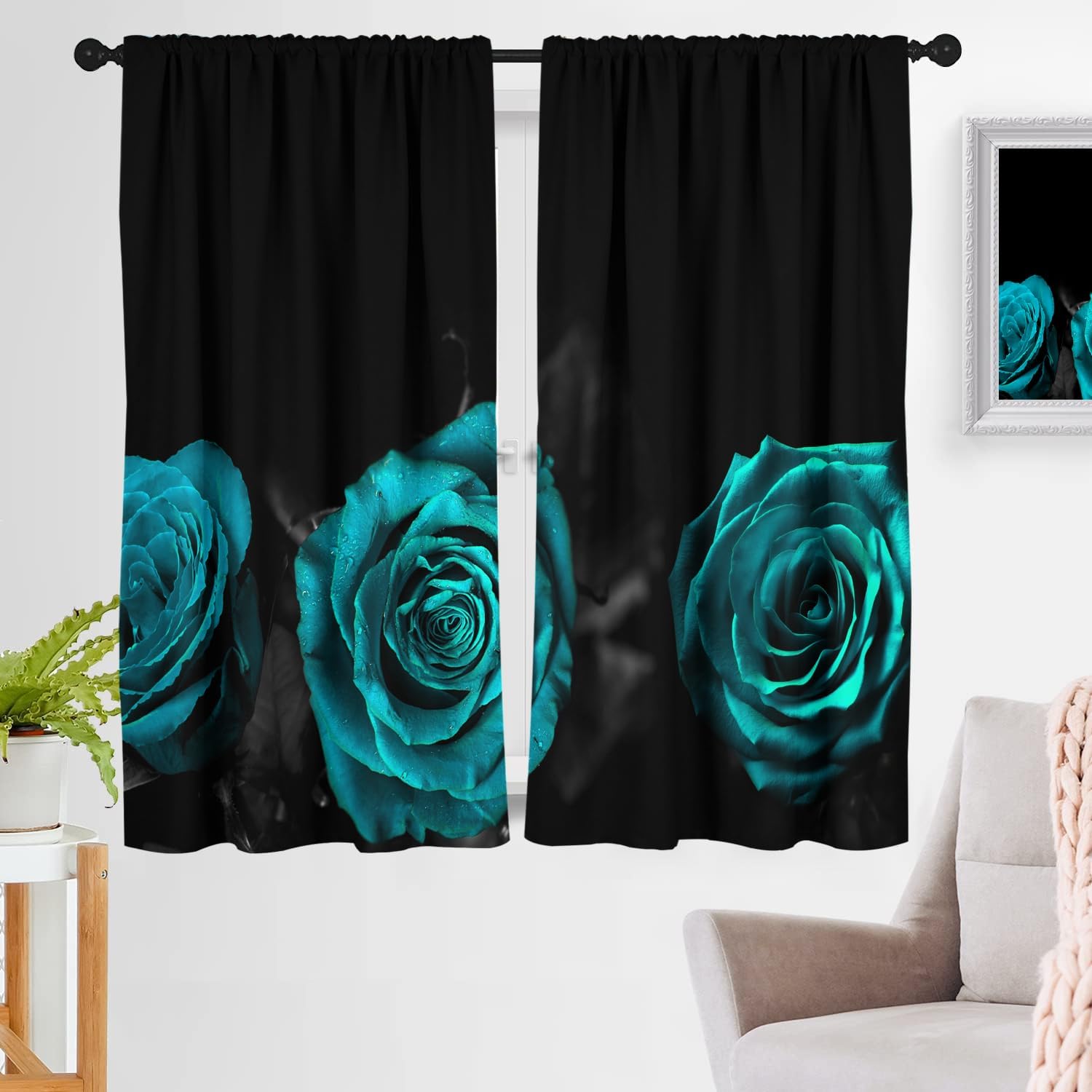 zokyer Teal Floral Window Curtains Turquoise Aqua Black Flowers Rose Women Romantic Gothic Goth Dark Grey Cute 42" W x 63" L for Living Room Bedroom Bathroom Set of 2 Panels Rod Pocket Drapes