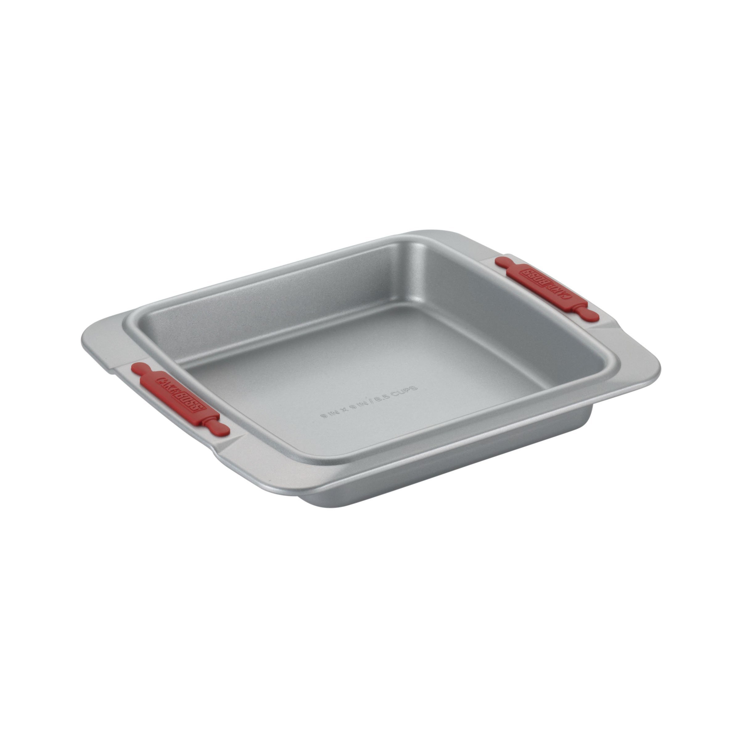 Cake Boss Deluxe Nonstick Bakeware 9-Inch Square Cake Pan, Gray with Red Silicone Grips