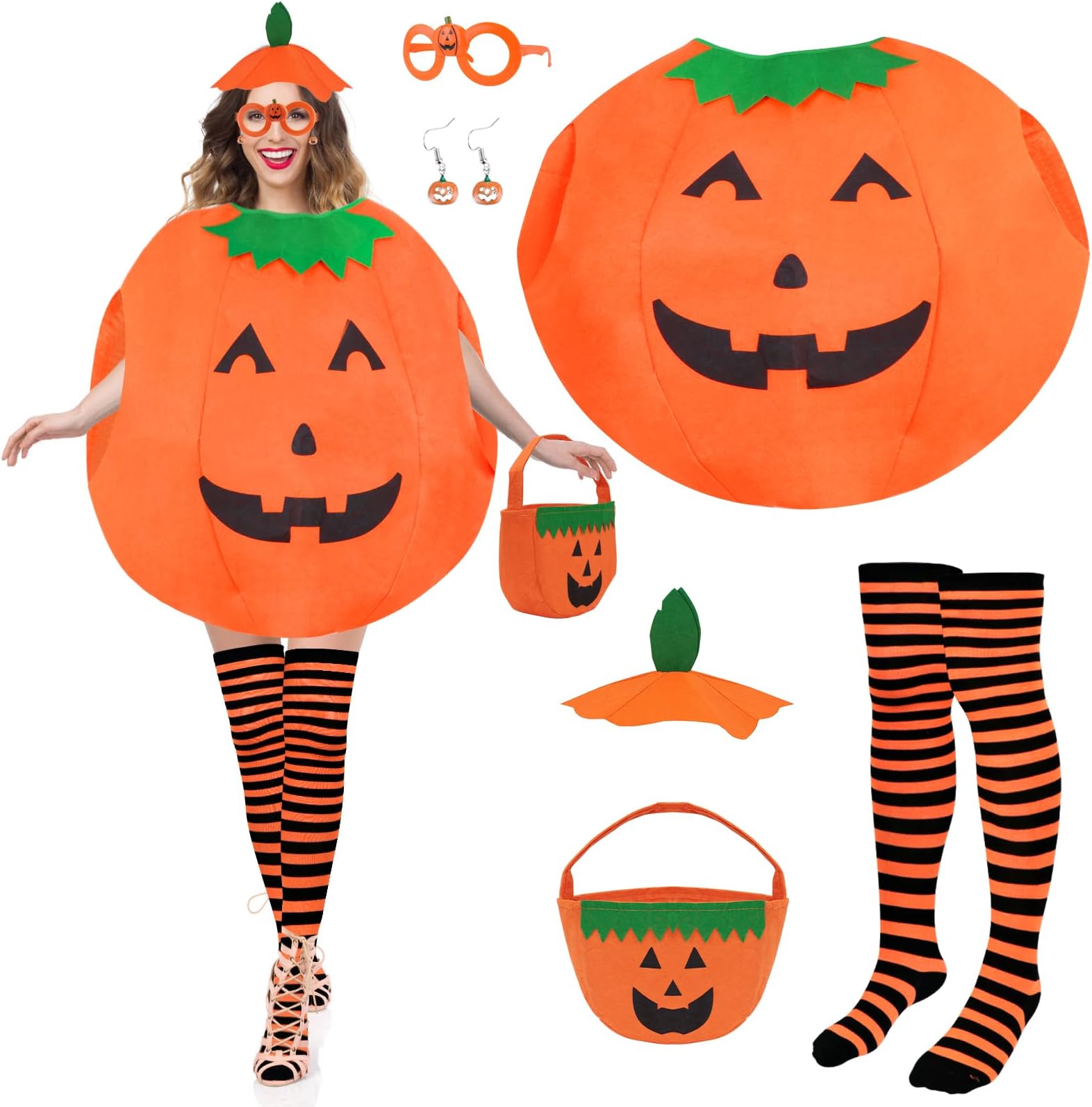 Yotako 6 Pcs Pumpkin Costume for Adult, Womens Pumpkin Halloween Costume, Pumpkin Outfit with Candy Bag Hat Stockings Earrings Pumpkin Glasses Girls Ladies Female Fancy Dress for Halloween Cosplay