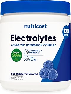 Nutricost Electrolytes 컴플렉스 파우더 (블루 라즈베리) 120회 분량 | 고급 수분 공급, 7가지 비타민 + 미네랄, 무설탕, 스테비아로 단맛, 글루텐 프리, GMO 프리
