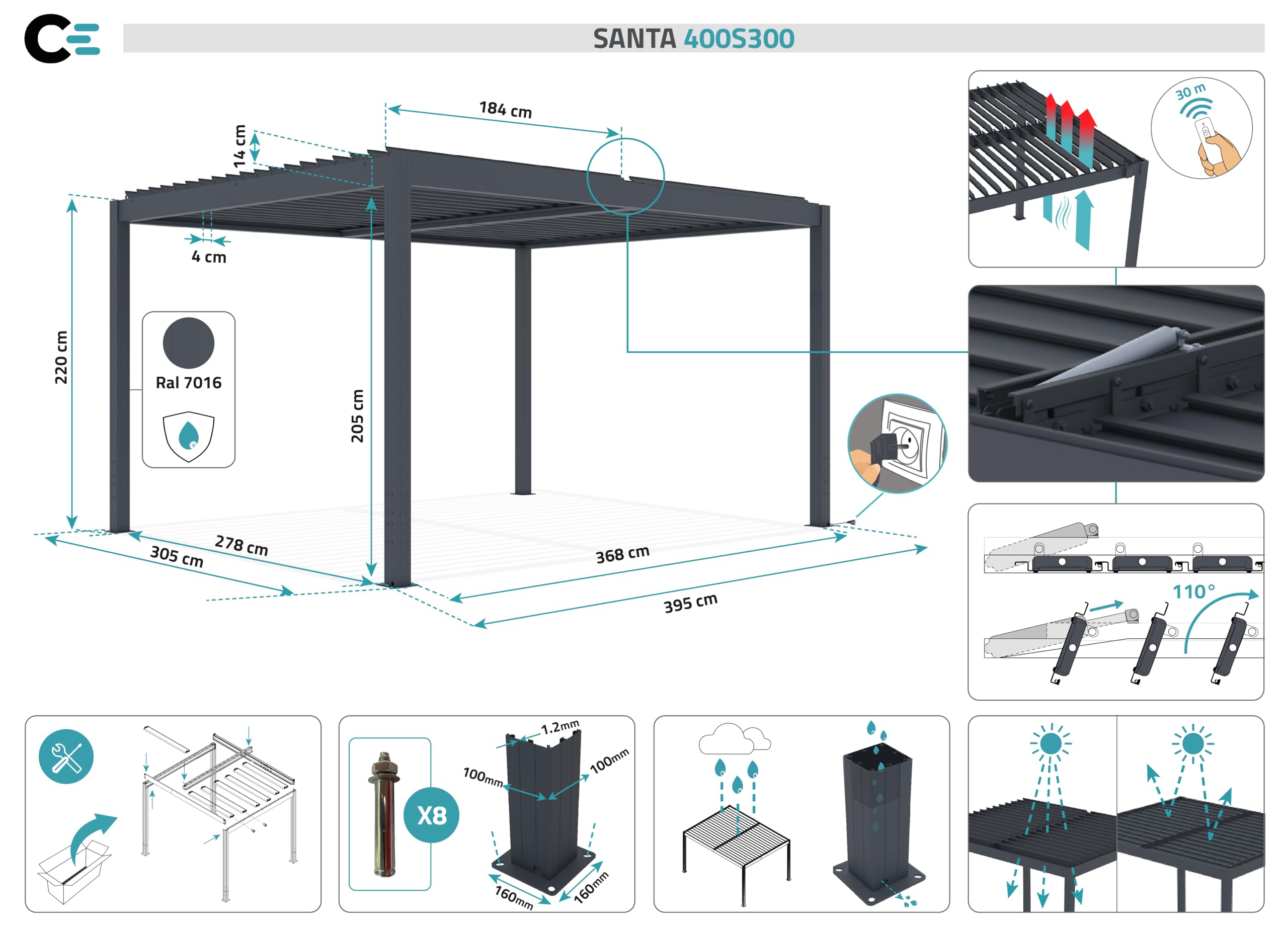 Cazeboo Pergola bioklimatyczna SANTA 4x3m z napędem elektrycznym w kolorze szarym aluminiowym