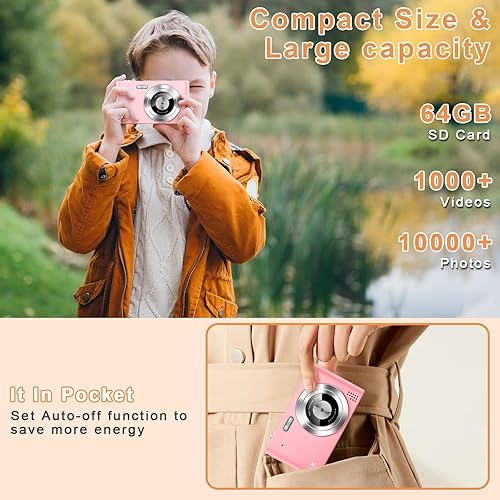 Miniatura 5 de Cámara digital, cámara para niños, UHD 4K 48MP apuntar y disparar cámaras digitales con tarjeta SD de 64 GB y zoom digital de 16X, antivibración,