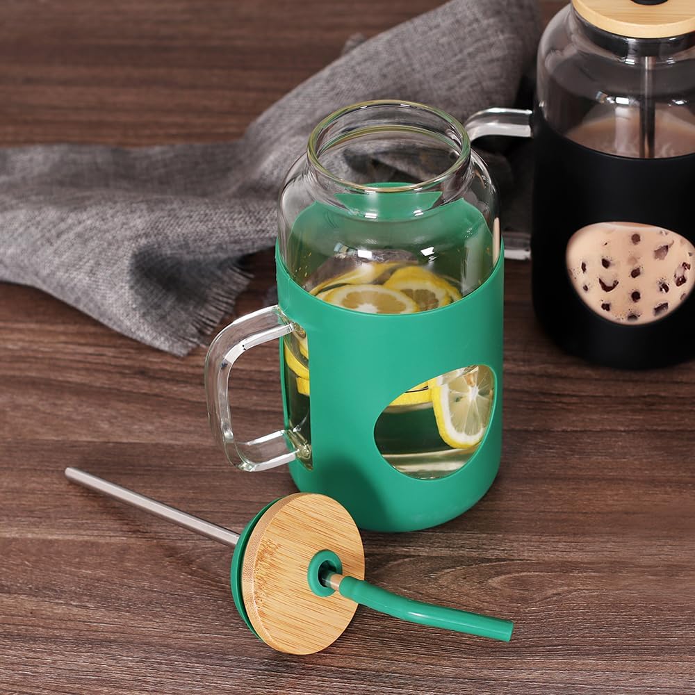 SAIOOL 50 OZ Large Water Bottles Glass Tumbler with Bamboo Lid and Straw, with Handle, Silicone and Scale, Mug Cup Drinking Glasses, Heat and Cold Resistant, Spill Proof (Green)