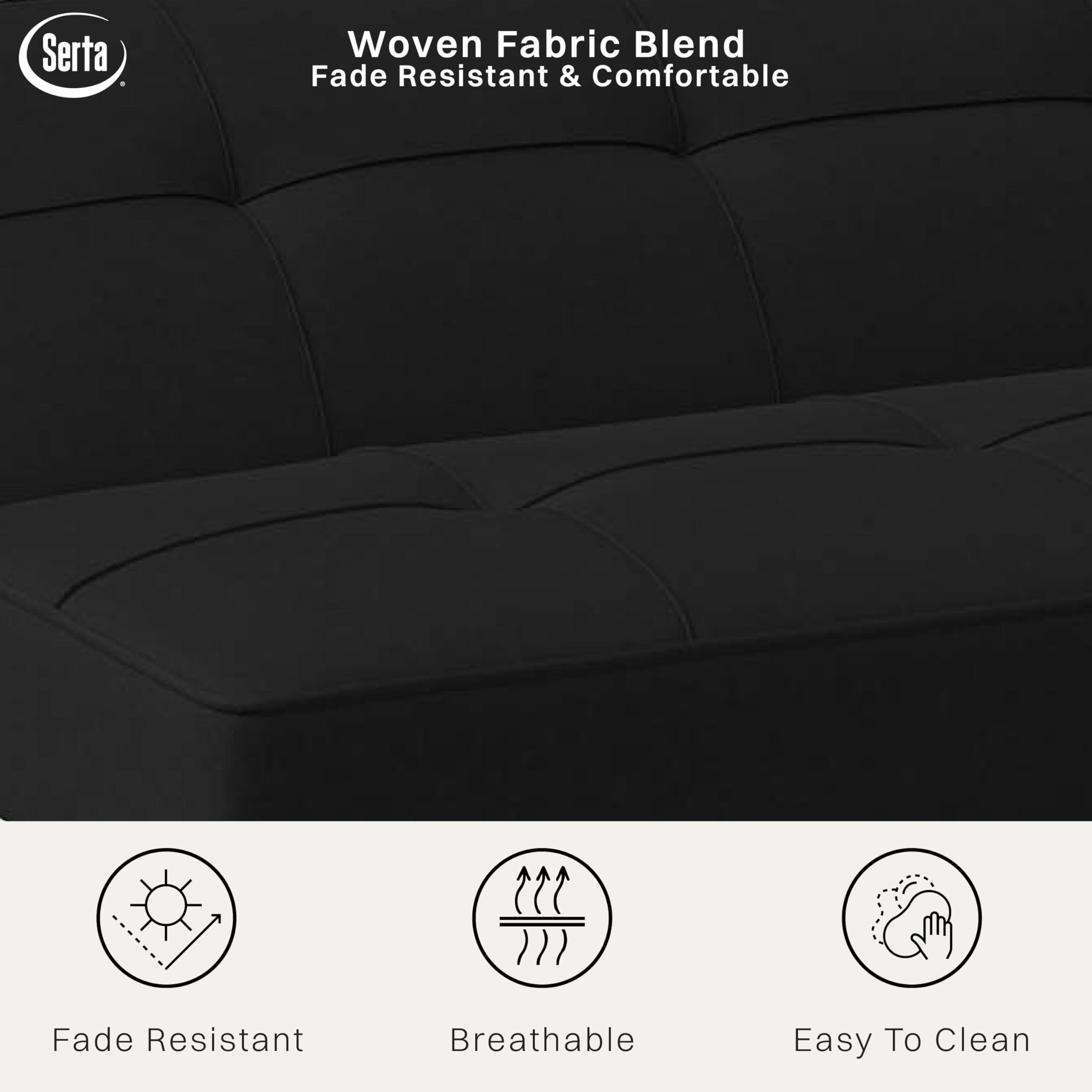 Serta® Rane Futon Sofa Bed 66.1", 3-in-1 Convertible Couch Sleeper for Small Spaces, Tufted Back, Twin Size Guest Bed, Black Woven Fabric