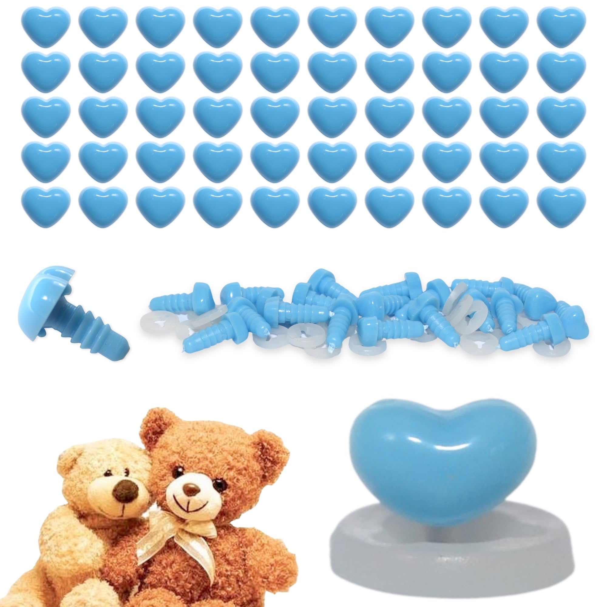 celloexpress 7mm x 5mm Deep Sky Blue Heart Noses with Plastic Backs - Safety Noses for Soft Toy Teddy Bear Animal Making (Pack of 50)